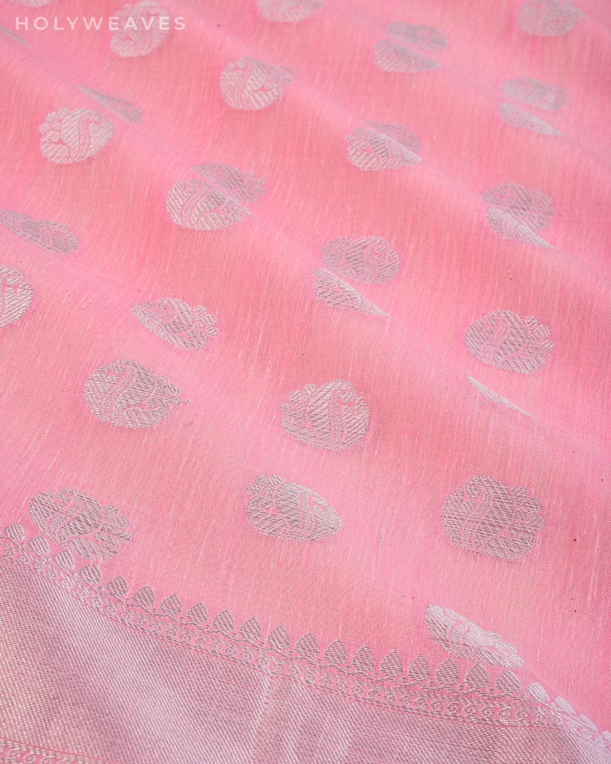 Pastel Pink Banarasi Linen Texture Silver Buti Cutwork Brocade Woven Cotton Silk Saree - By HolyWeaves, Benares