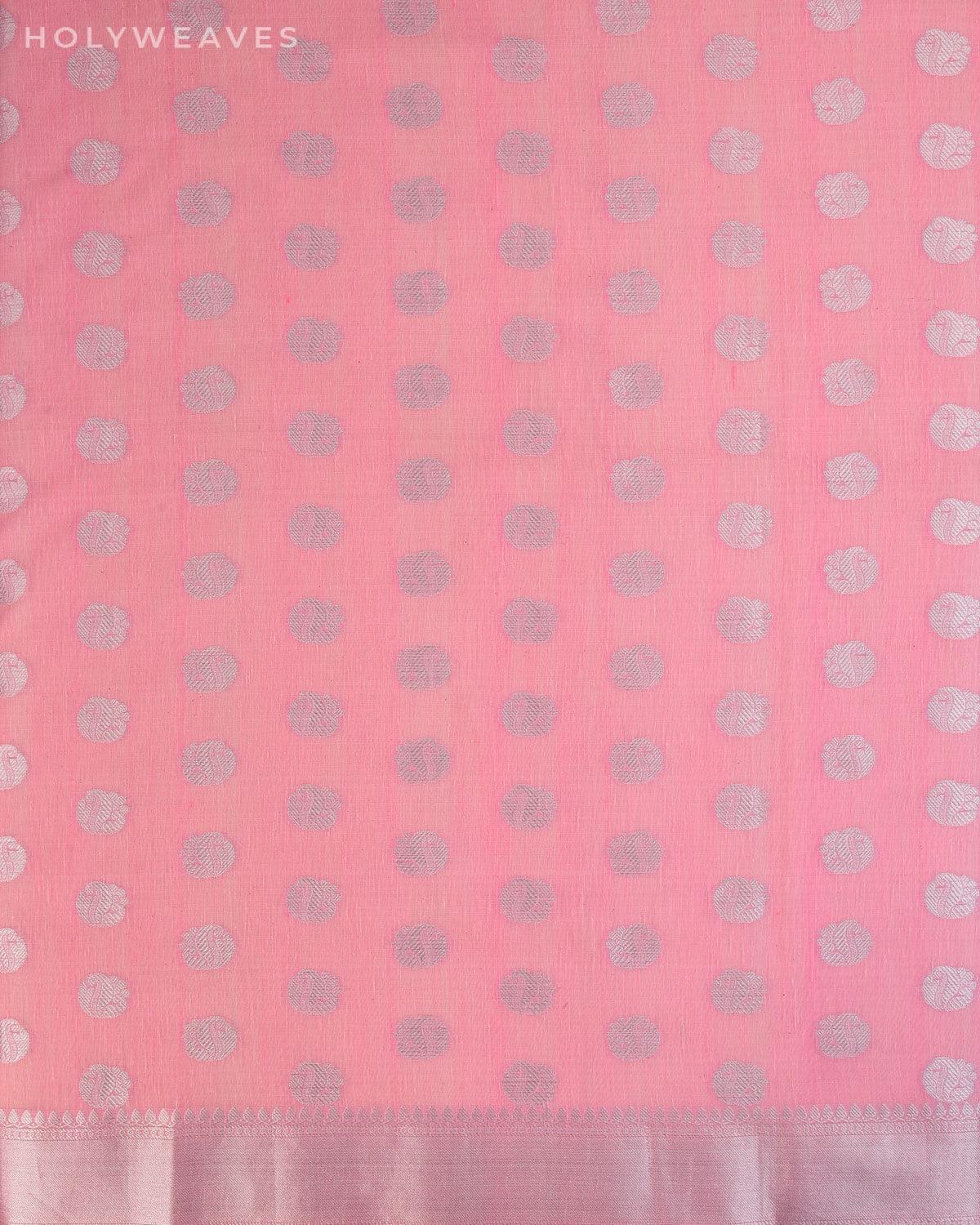 Pastel Pink Banarasi Linen Texture Silver Buti Cutwork Brocade Woven Cotton Silk Saree - By HolyWeaves, Benares