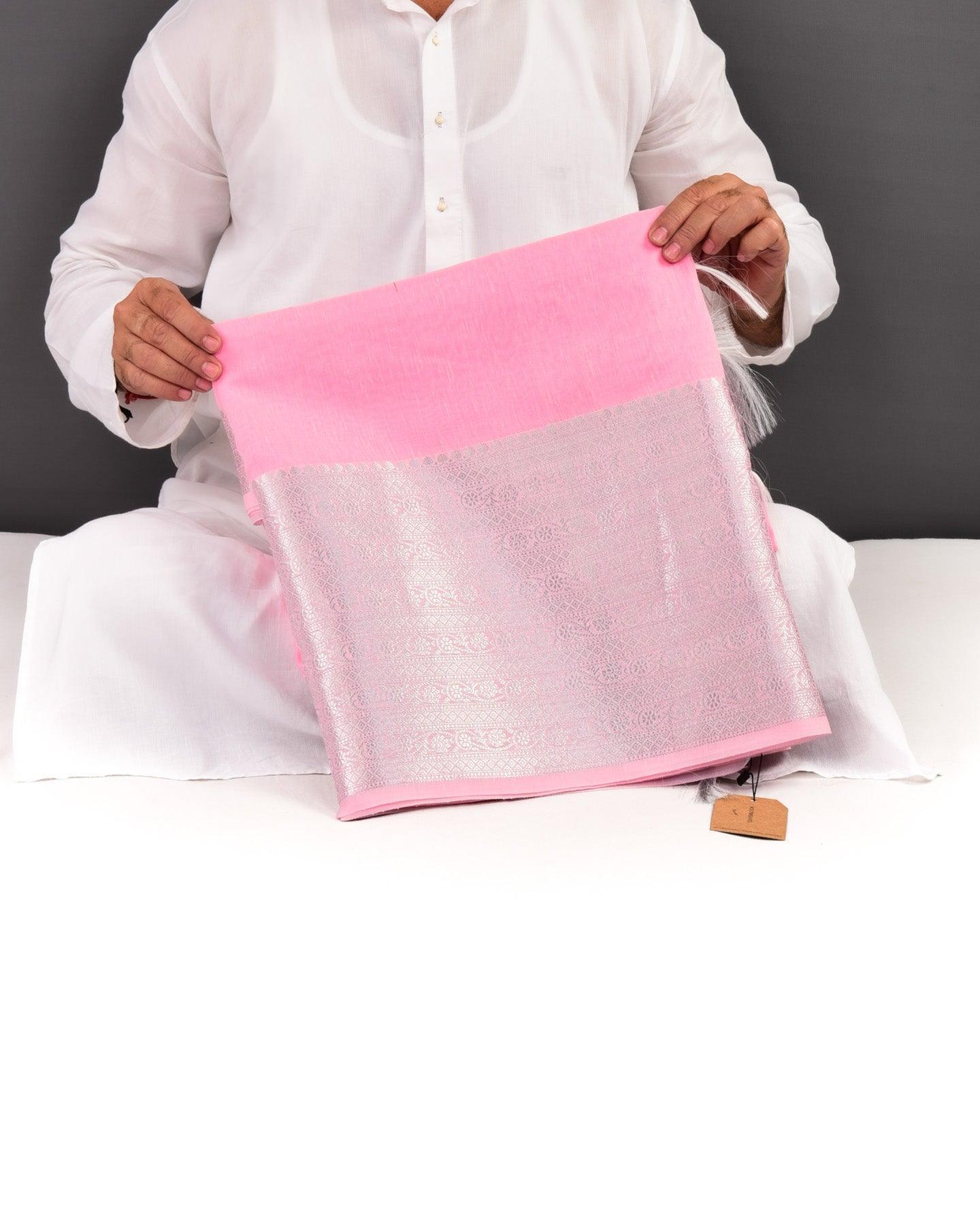 Pastel Pink Banarasi Silver Zari Brocade Woven Cotton Silk Saree - By HolyWeaves, Benares