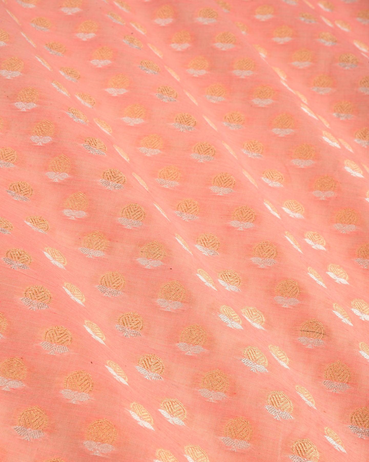 Pastel Pink Banarasi Sona-Rupa Buti Cutwork Brocade Handwoven Cotton Silk Fabric - By HolyWeaves, Benares