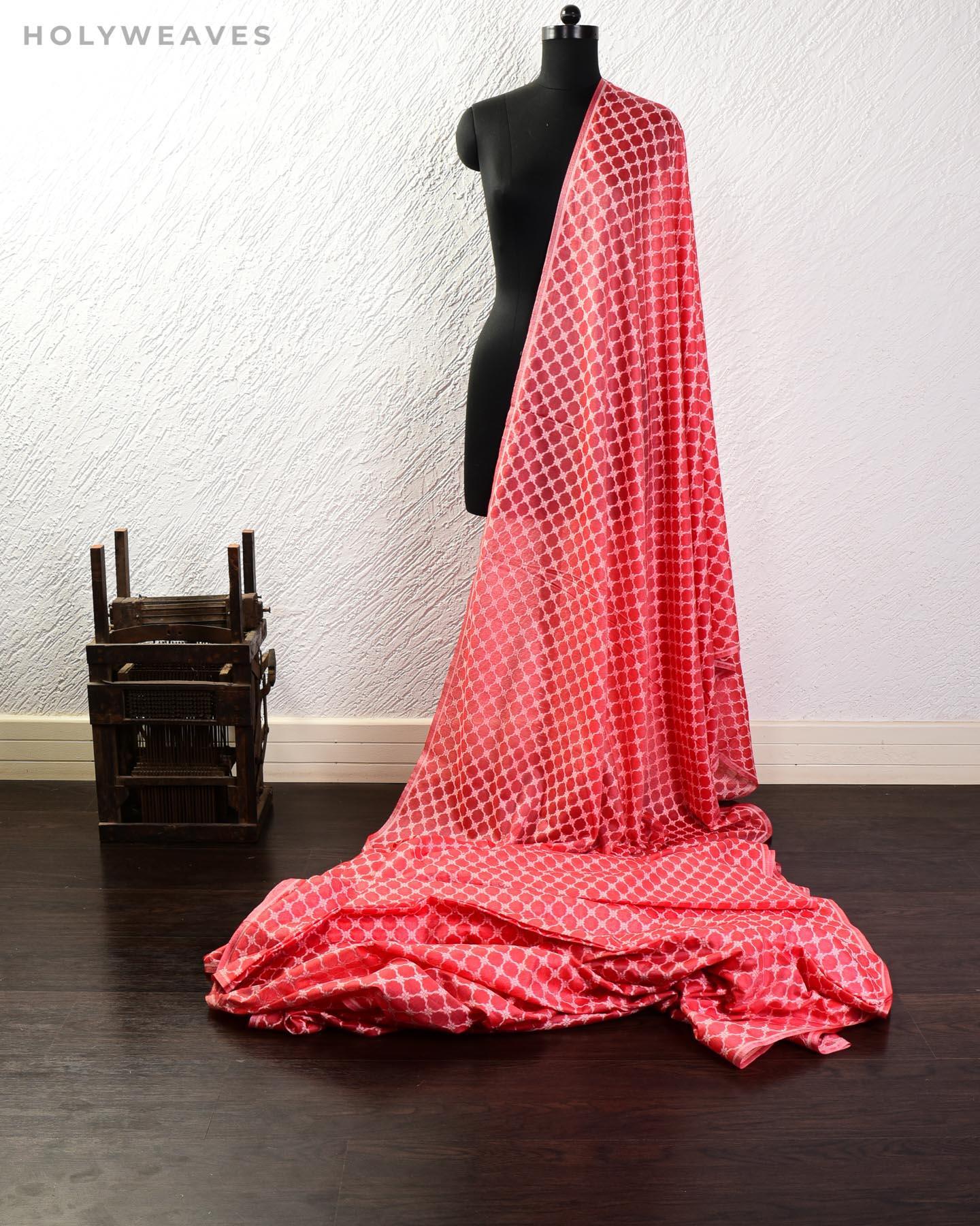 Pastel Red Banarasi Resham Cutwork Brocade Handwoven Cotton Silk Fabric - By HolyWeaves, Benares