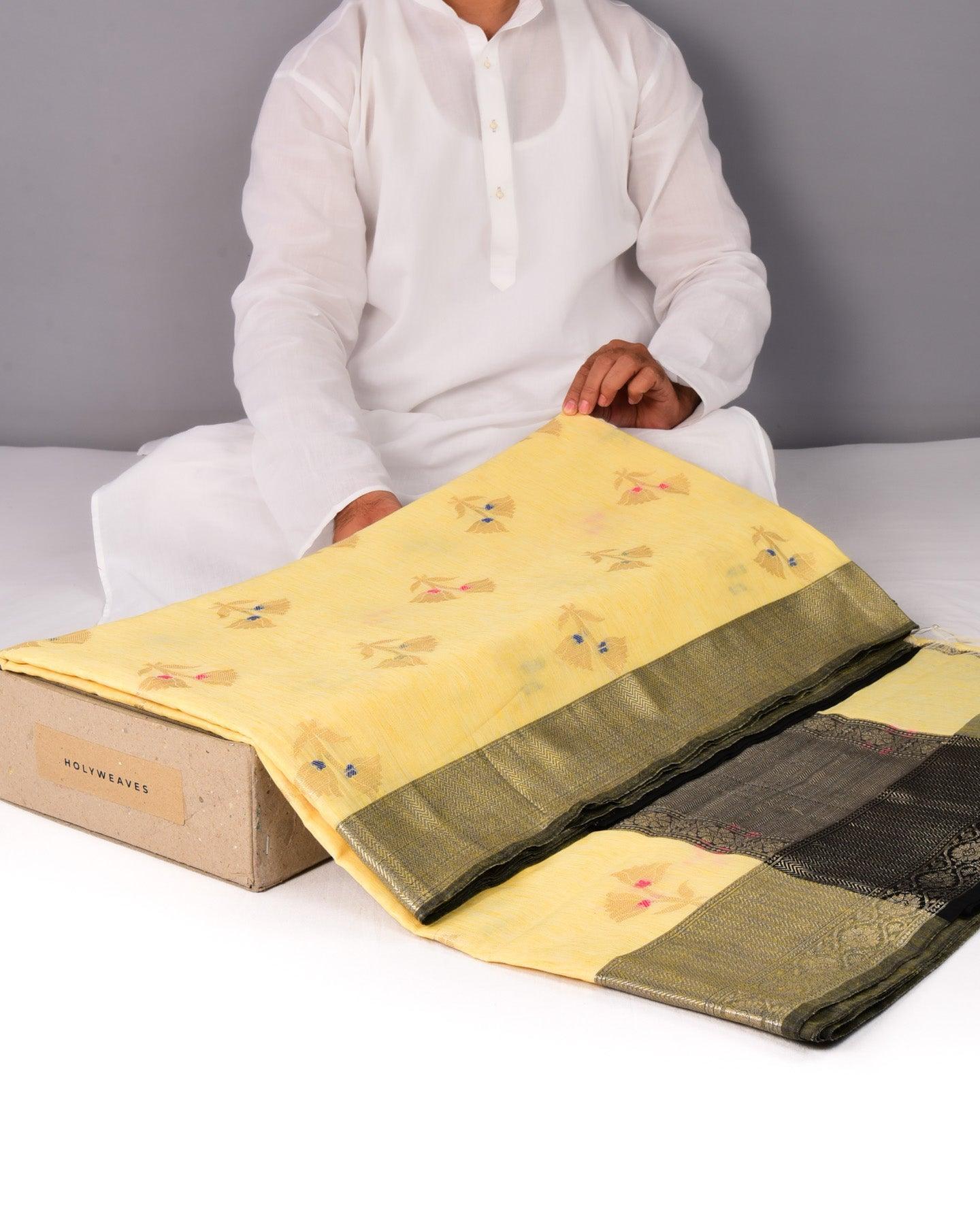 Pastel Yellow Banarasi Alfi Flower Buti Cutwork Brocade Woven Cotton Silk Saree - By HolyWeaves, Benares