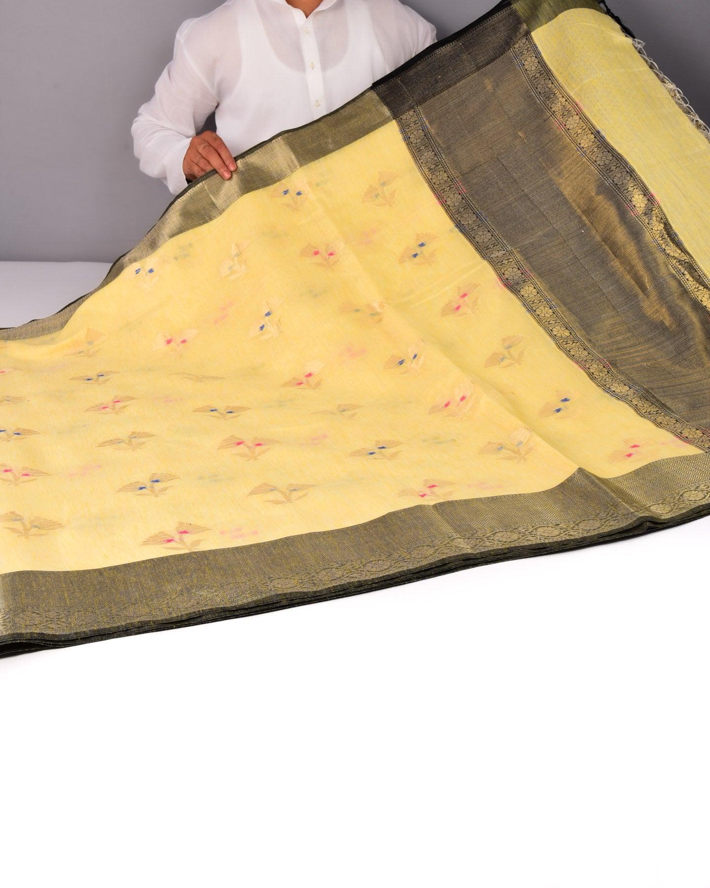 Pastel Yellow Banarasi Alfi Flower Buti Cutwork Brocade Woven Cotton Silk Saree - By HolyWeaves, Benares