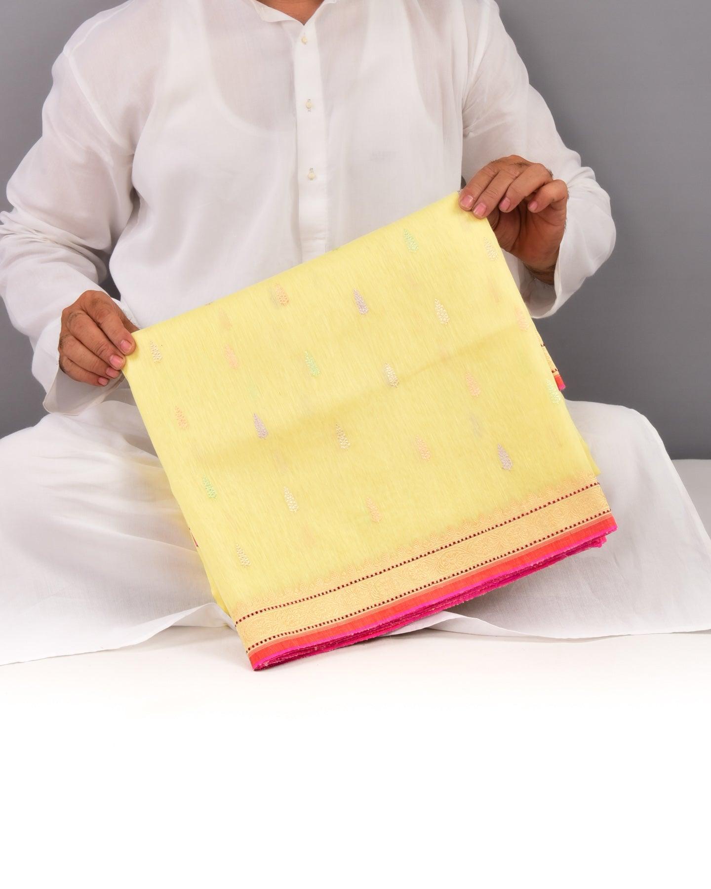 Pastel Yellow Banarasi Colored Zari Buti Kadhuan Brocade Handwoven Linen Silk Saree - By HolyWeaves, Benares