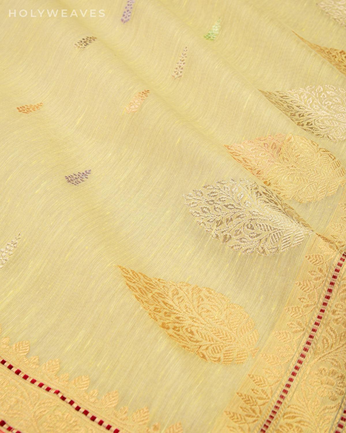 Pastel Yellow Banarasi Colored Zari Buti Kadhuan Brocade Handwoven Linen Silk Saree - By HolyWeaves, Benares