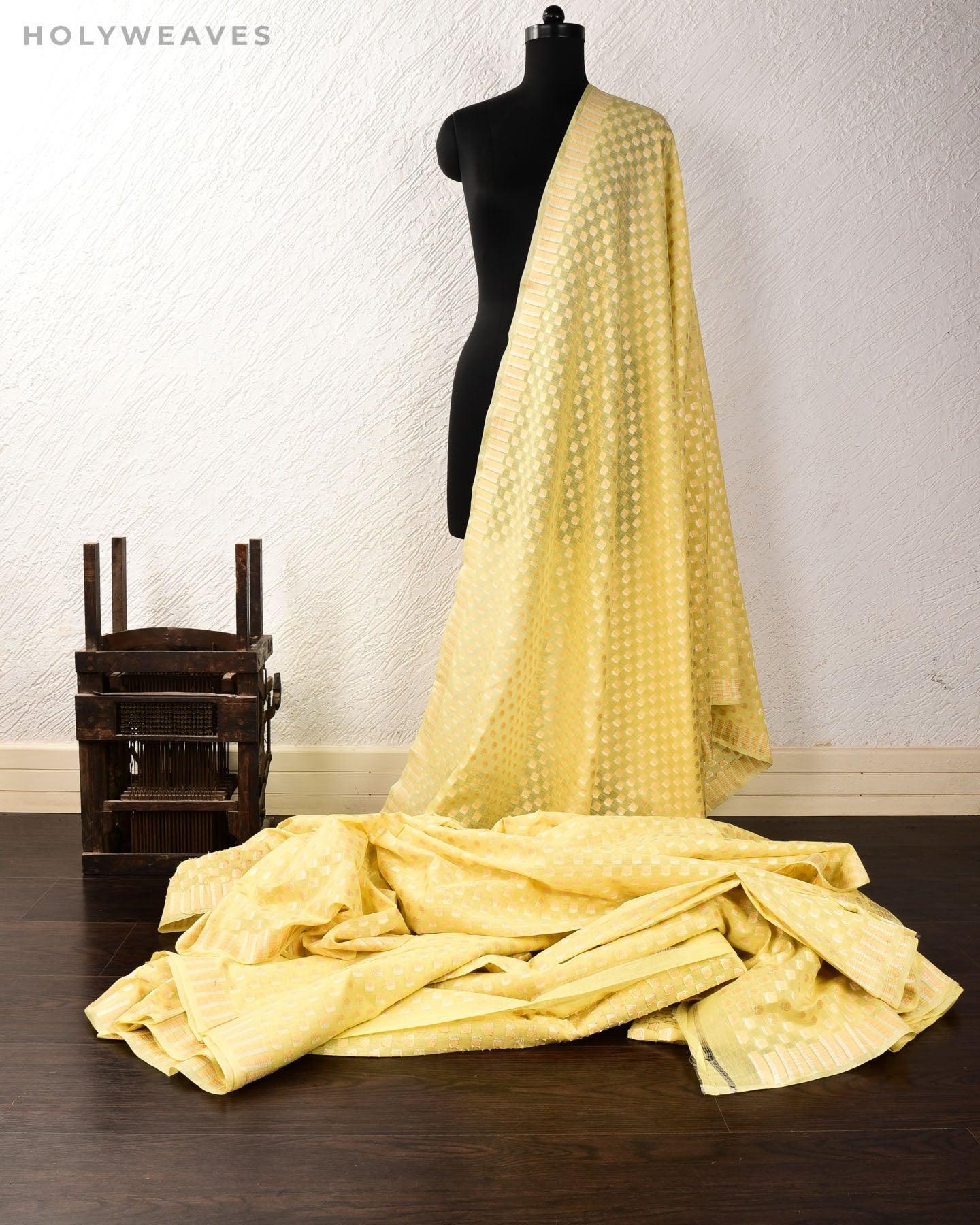 Pastel Yellow Banarasi Sona-Rupa Buti Cutwork Brocade Handwoven Cotton Silk Fabric - By HolyWeaves, Benares