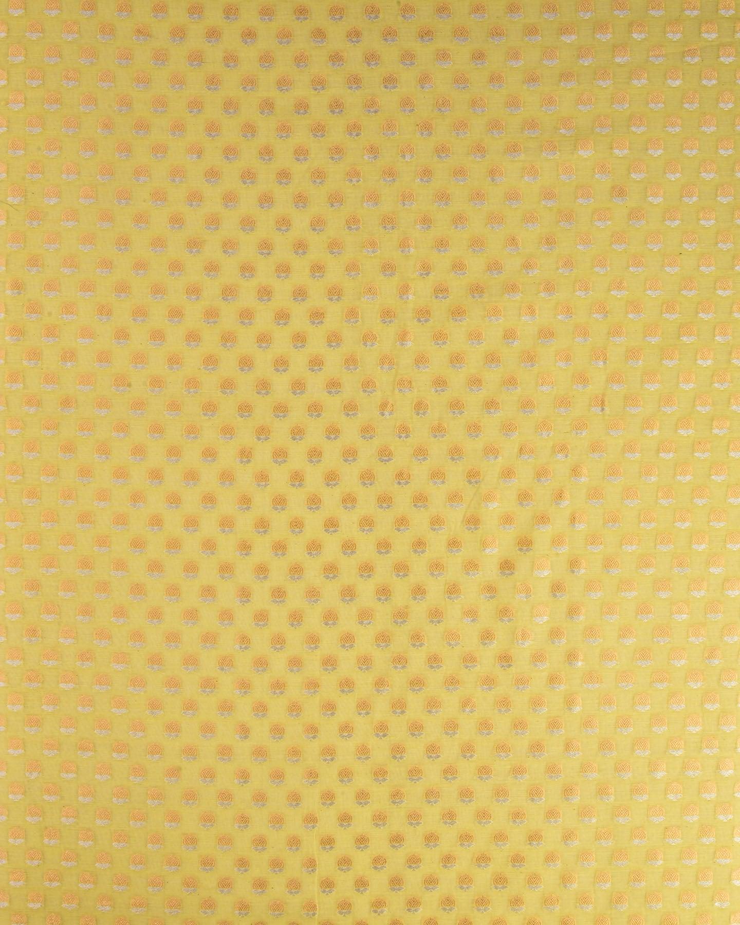 Pastel Yellow Banarasi Sona-Rupa Buti Cutwork Brocade Handwoven Cotton Silk Fabric - By HolyWeaves, Benares