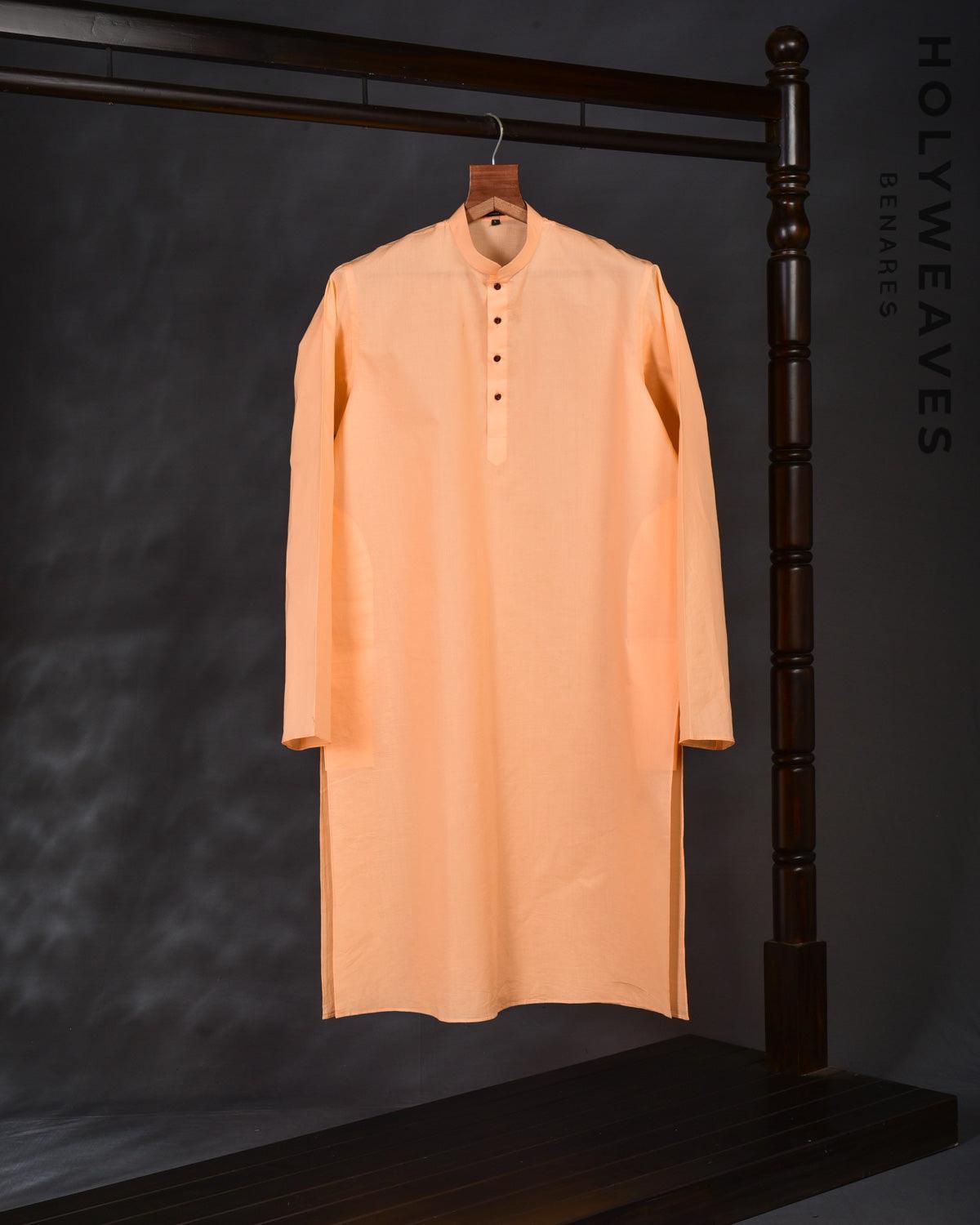 Peach Addhi Cotton Mens Kurta Pyjama with Haath Ki Jaali Shoulder - By HolyWeaves, Benares