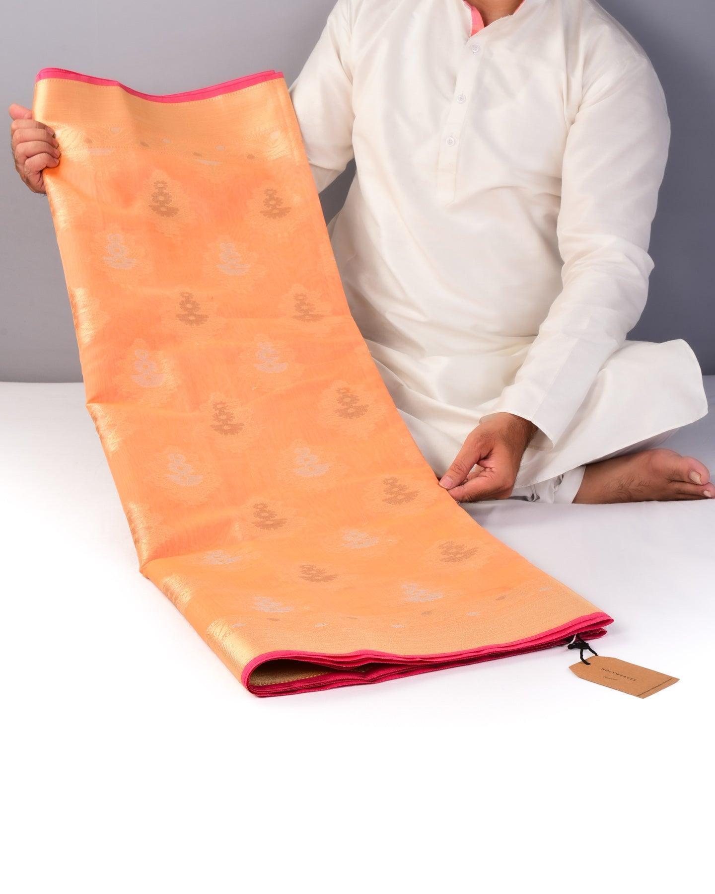 Peach Banarasi 3-Color Zari Cutwork Brocade Woven Cotton Silk Saree - By HolyWeaves, Benares