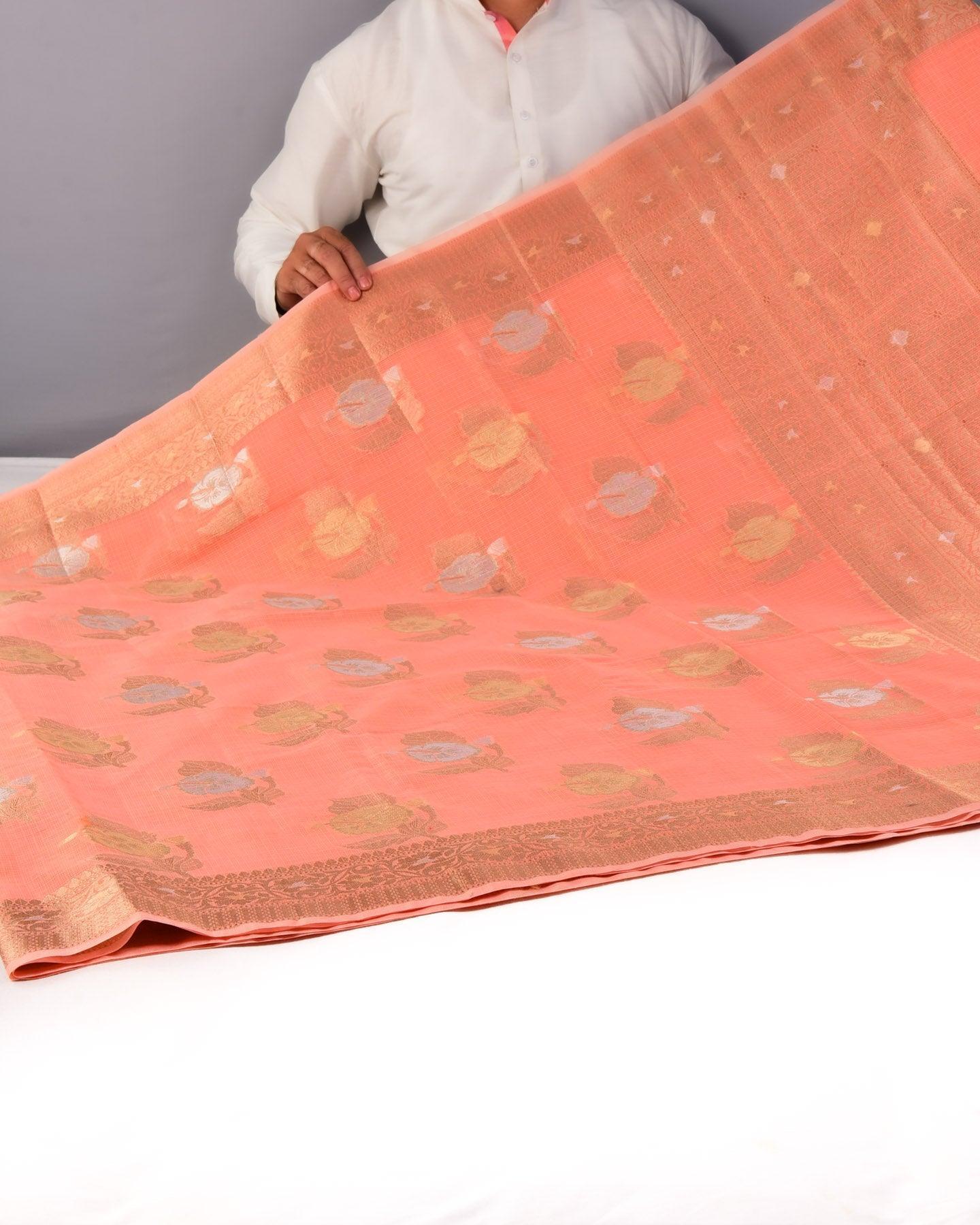 Peach Banarasi Alfi Buti Cutwork Brocade Woven Kota Cotton Saree - By HolyWeaves, Benares