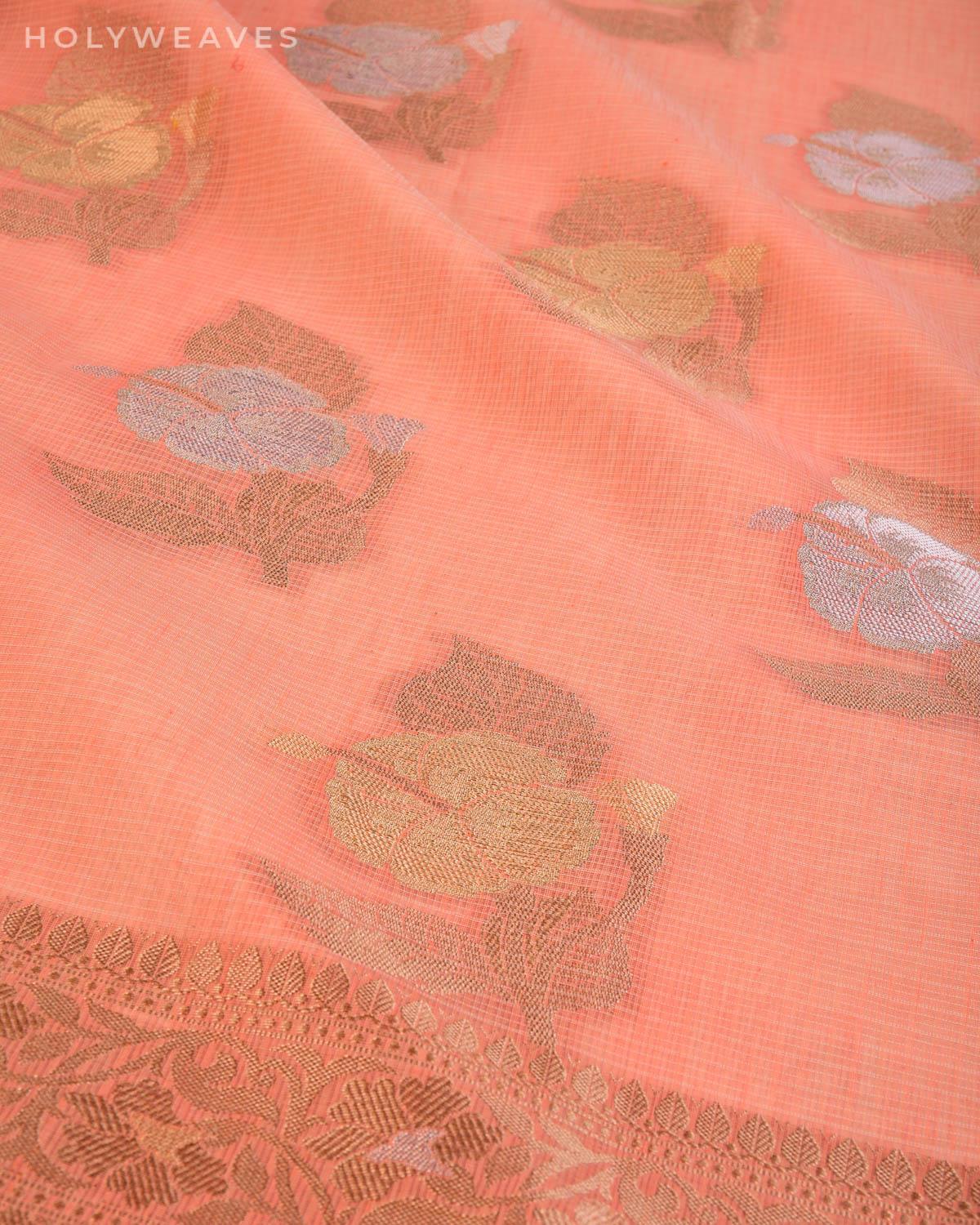 Peach Banarasi Alfi Buti Cutwork Brocade Woven Kota Cotton Saree - By HolyWeaves, Benares