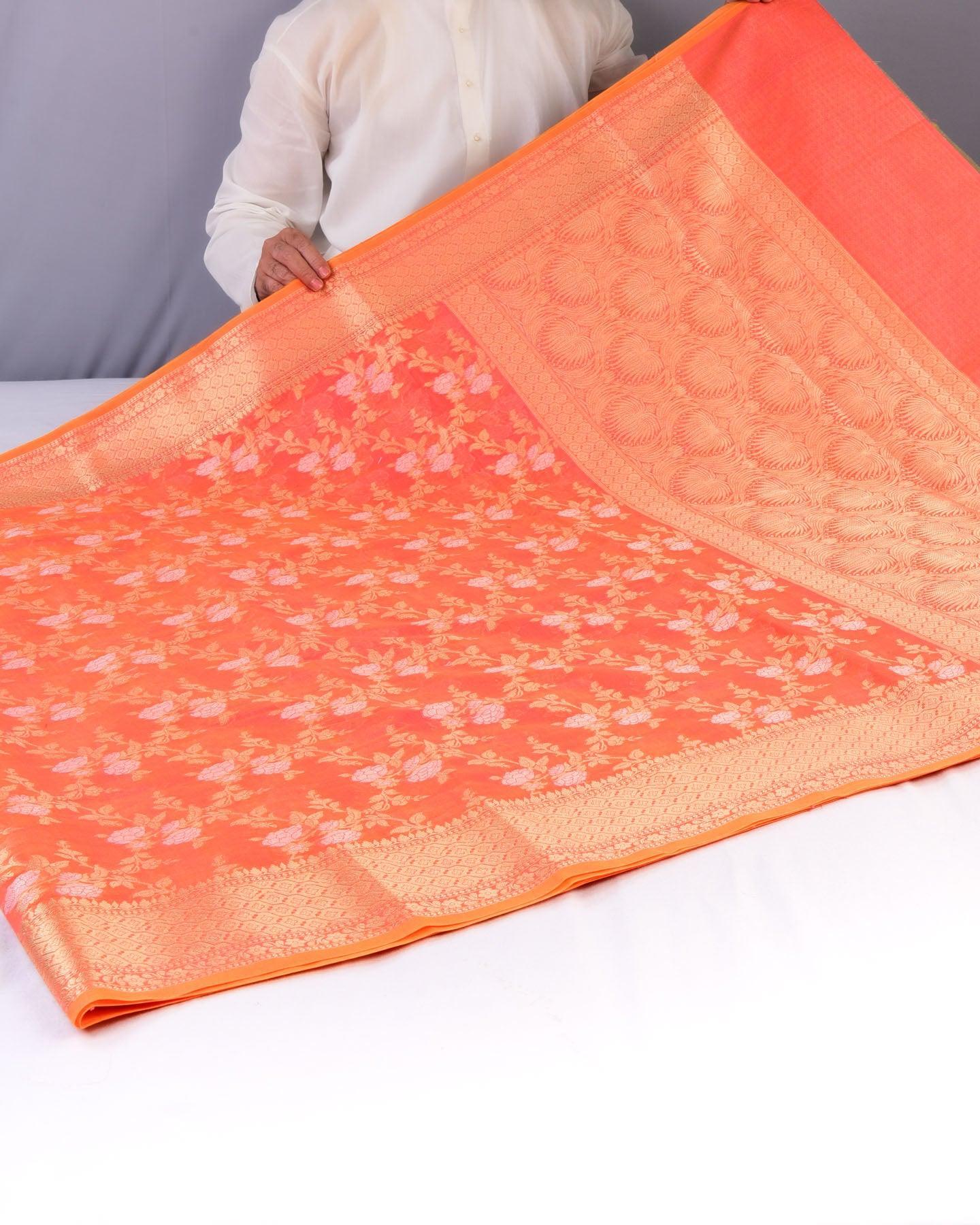 Peach Banarasi Alfi Gulab Jaal Cutwork Brocade Woven Cotton Silk Saree - By HolyWeaves, Benares