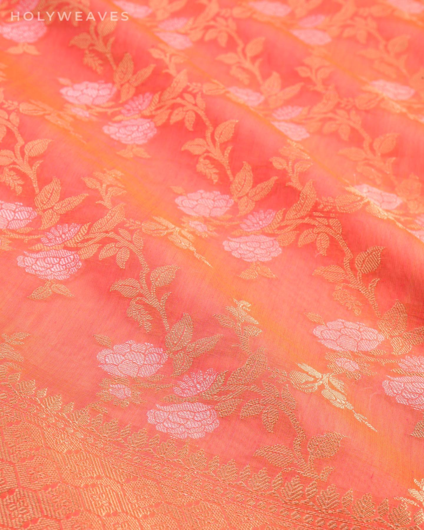 Peach Banarasi Alfi Gulab Jaal Cutwork Brocade Woven Cotton Silk Saree - By HolyWeaves, Benares
