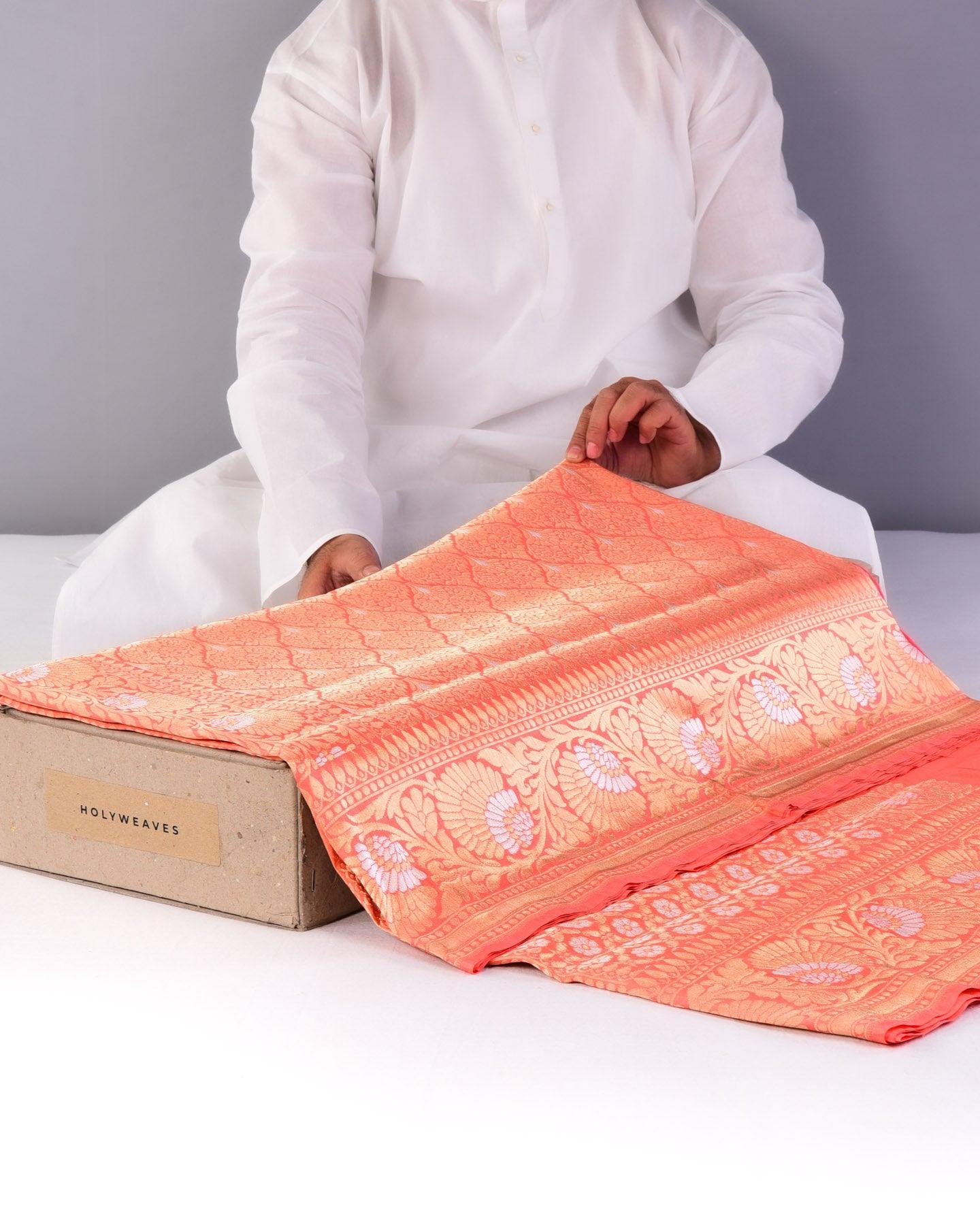 Peach Banarasi Alfi Sona Rupa Jaal Cutwork Brocade Handwoven Katan Silk Saree - By HolyWeaves, Benares