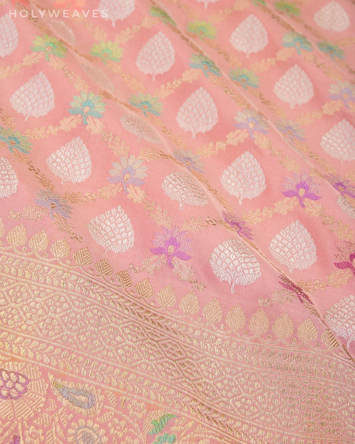 Peach Banarasi All-over 36-Sirki Jaal Kadhuan Brocade Handwoven Katan Silk Saree - By HolyWeaves, Benares
