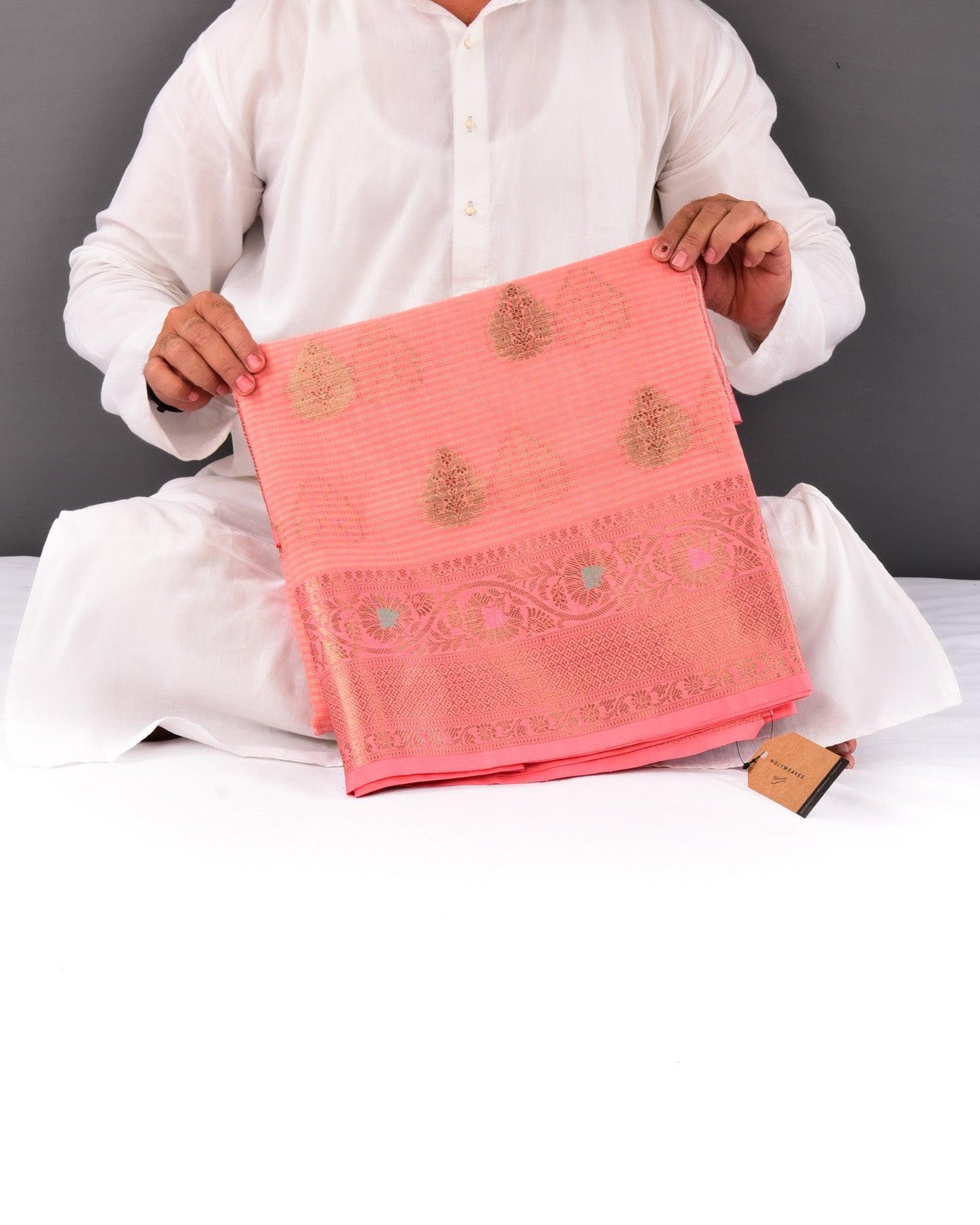 Peach Banarasi Check Texture Antique Buta Cutwork Brocade Woven Cotton Silk Saree - By HolyWeaves, Benares