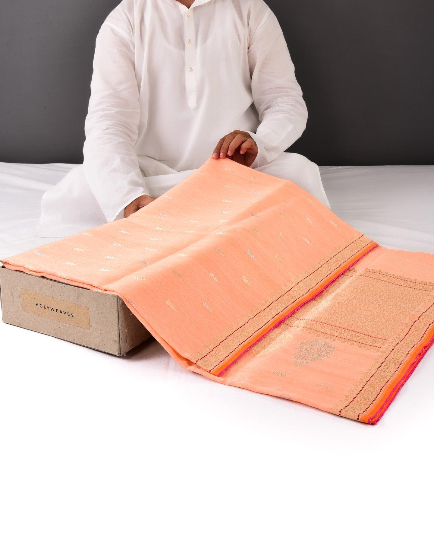 Peach Banarasi Colored Zari Buti Kadhuan Brocade Handwoven Linen Silk Saree - By HolyWeaves, Benares