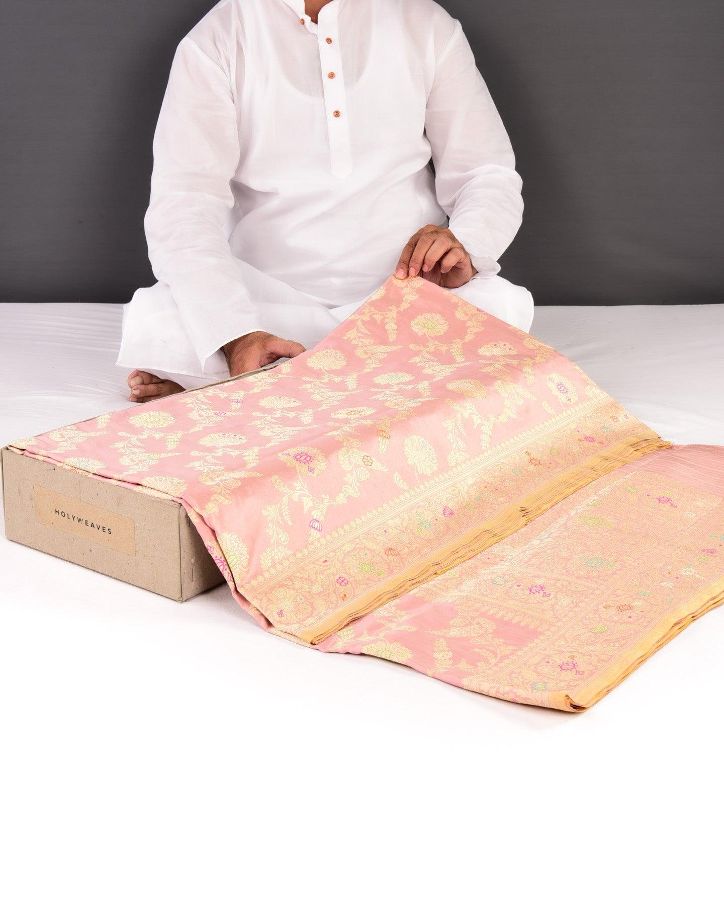 Peach Banarasi Foral Jangla Sona Zari Kadhuan Brocade Handwoven Katan Silk Saree with Meenakari Work - By HolyWeaves, Benares