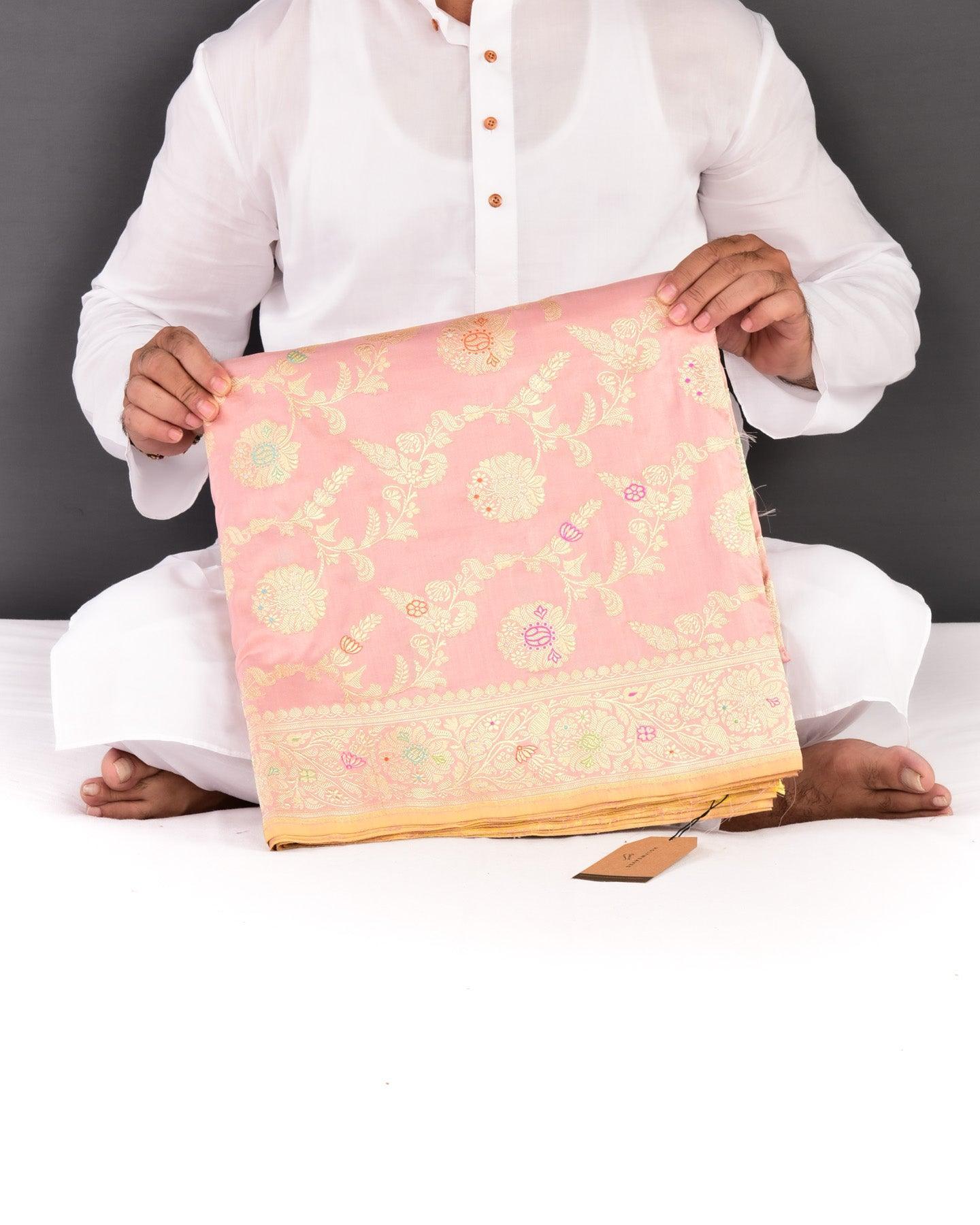 Peach Banarasi Foral Jangla Sona Zari Kadhuan Brocade Handwoven Katan Silk Saree with Meenakari Work - By HolyWeaves, Benares