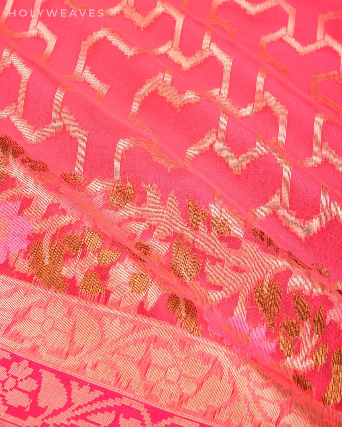 Peach Banarasi Geometric Cutwork Brocade Handwoven Kora Silk Saree - By HolyWeaves, Benares