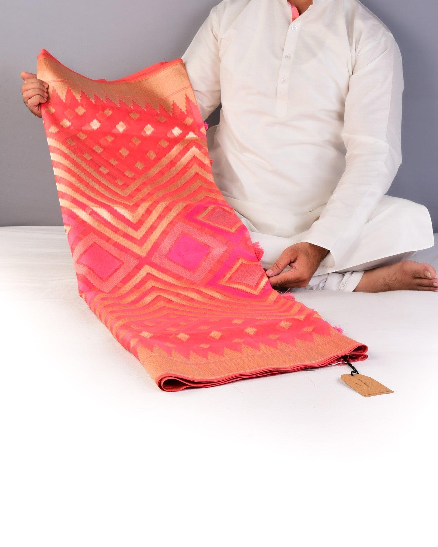Peach Banarasi Geometric Grids Cutwork Brocade Handwoven Kora Silk Saree - By HolyWeaves, Benares
