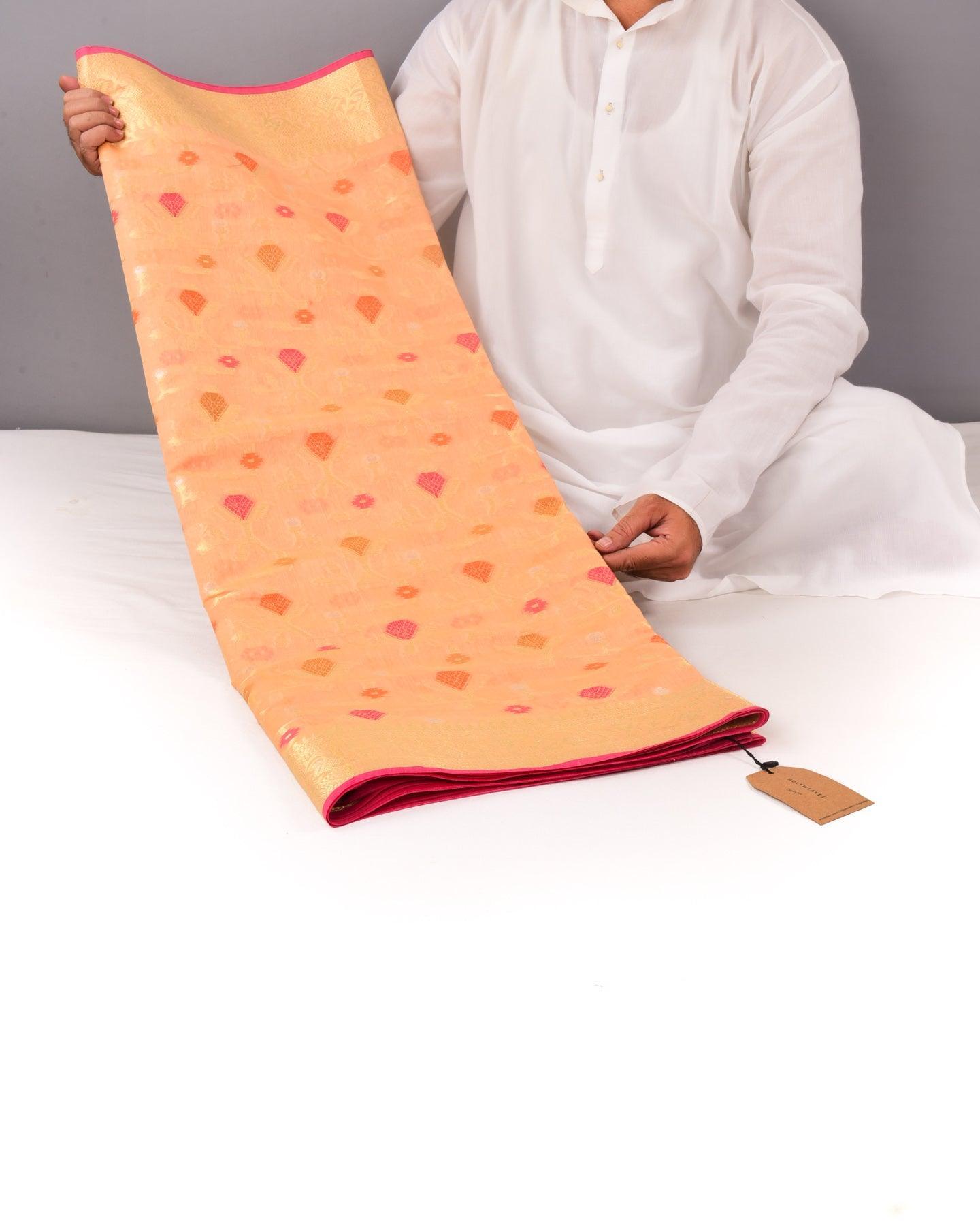 Peach Banarasi Geometrical Jaal Alfi Cutwork Brocade Woven Cotton Silk Saree - By HolyWeaves, Benares
