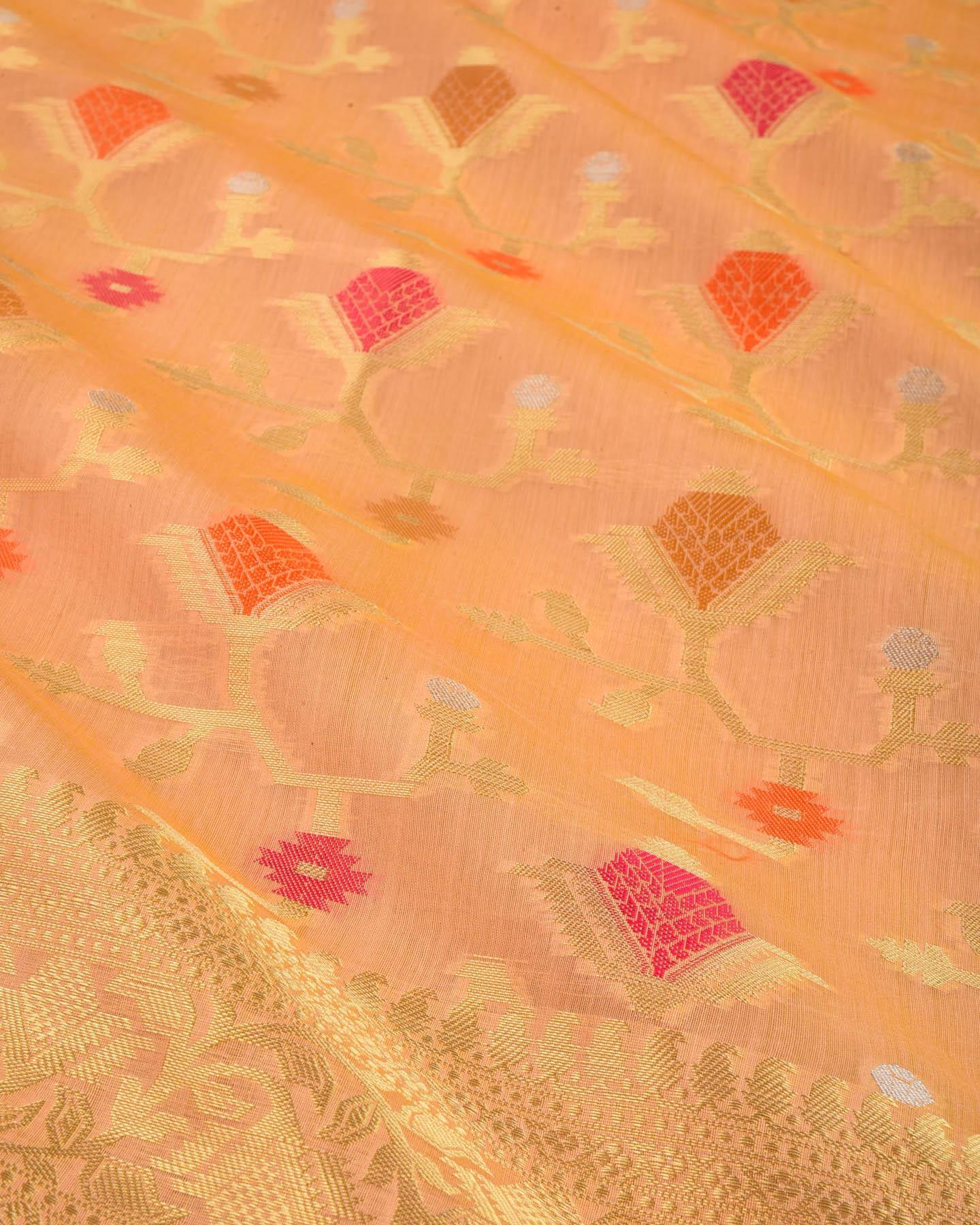 Peach Banarasi Geometrical Jaal Alfi Cutwork Brocade Woven Cotton Silk Saree - By HolyWeaves, Benares