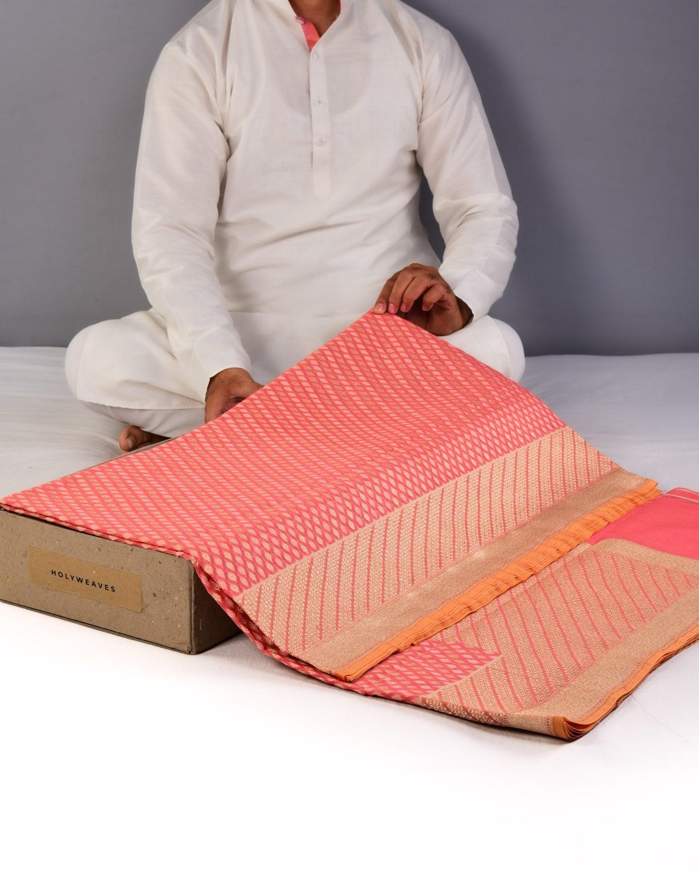 Peach Banarasi Ghani Gold & Cream Buti Cutwork Brocade Handwoven Cotton Silk Saree - By HolyWeaves, Benares