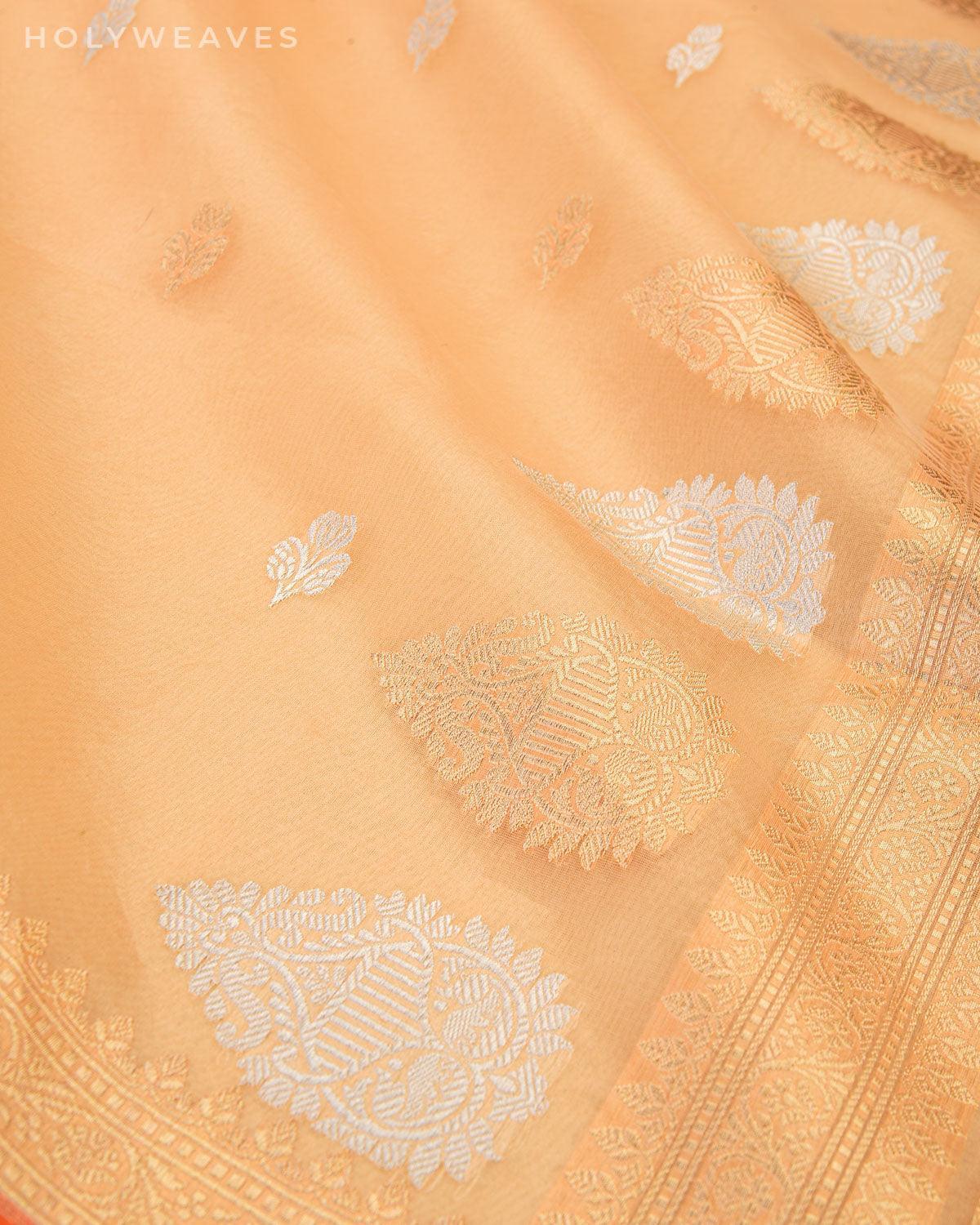 Peach Banarasi Gold & Silver Buti Kadhuan Brocade Handwoven Kora Silk Saree - By HolyWeaves, Benares