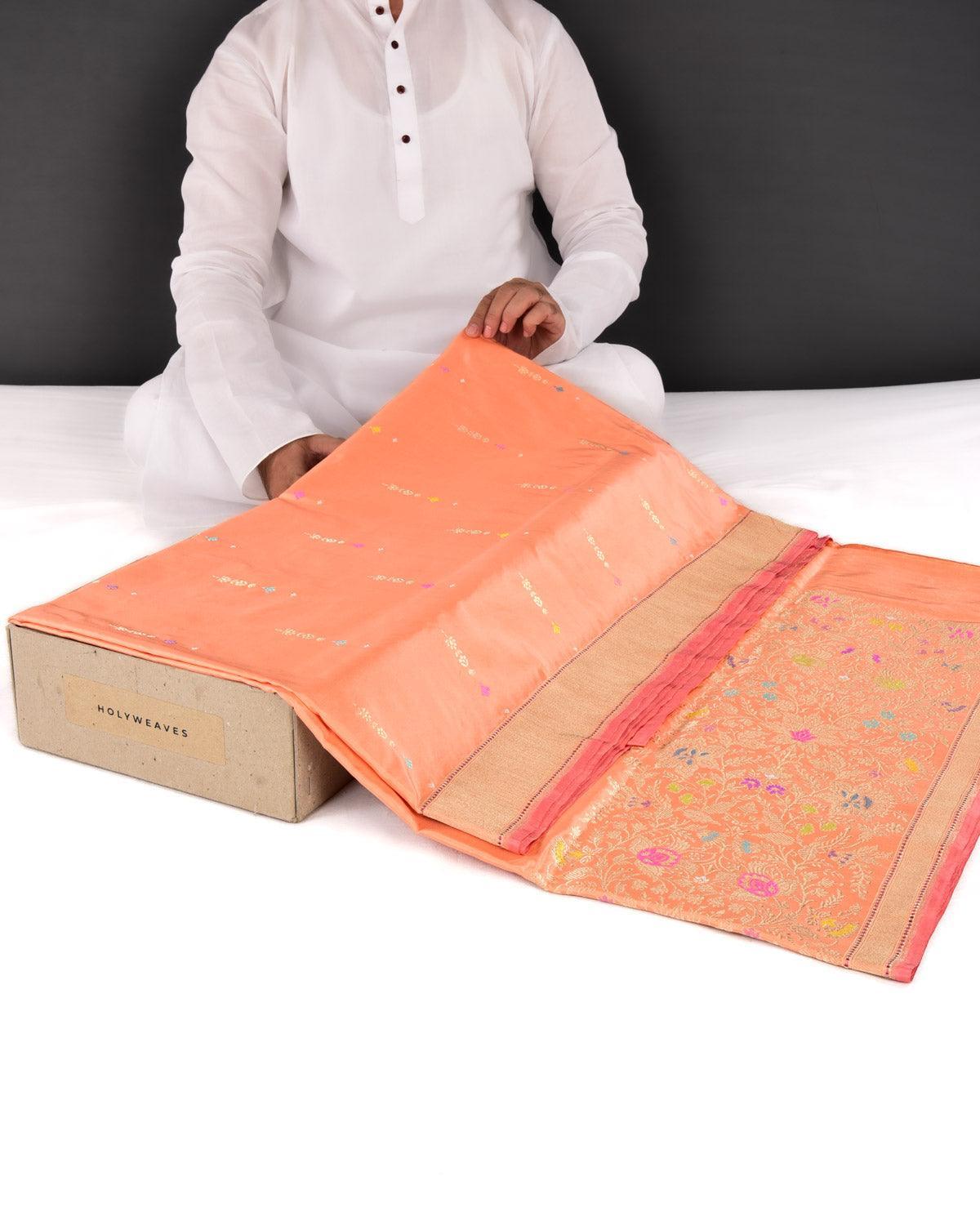 Peach Banarasi Gold Zari & Resham Buti Kadhuan Brocade Handwoven Katan Silk Saree - By HolyWeaves, Benares