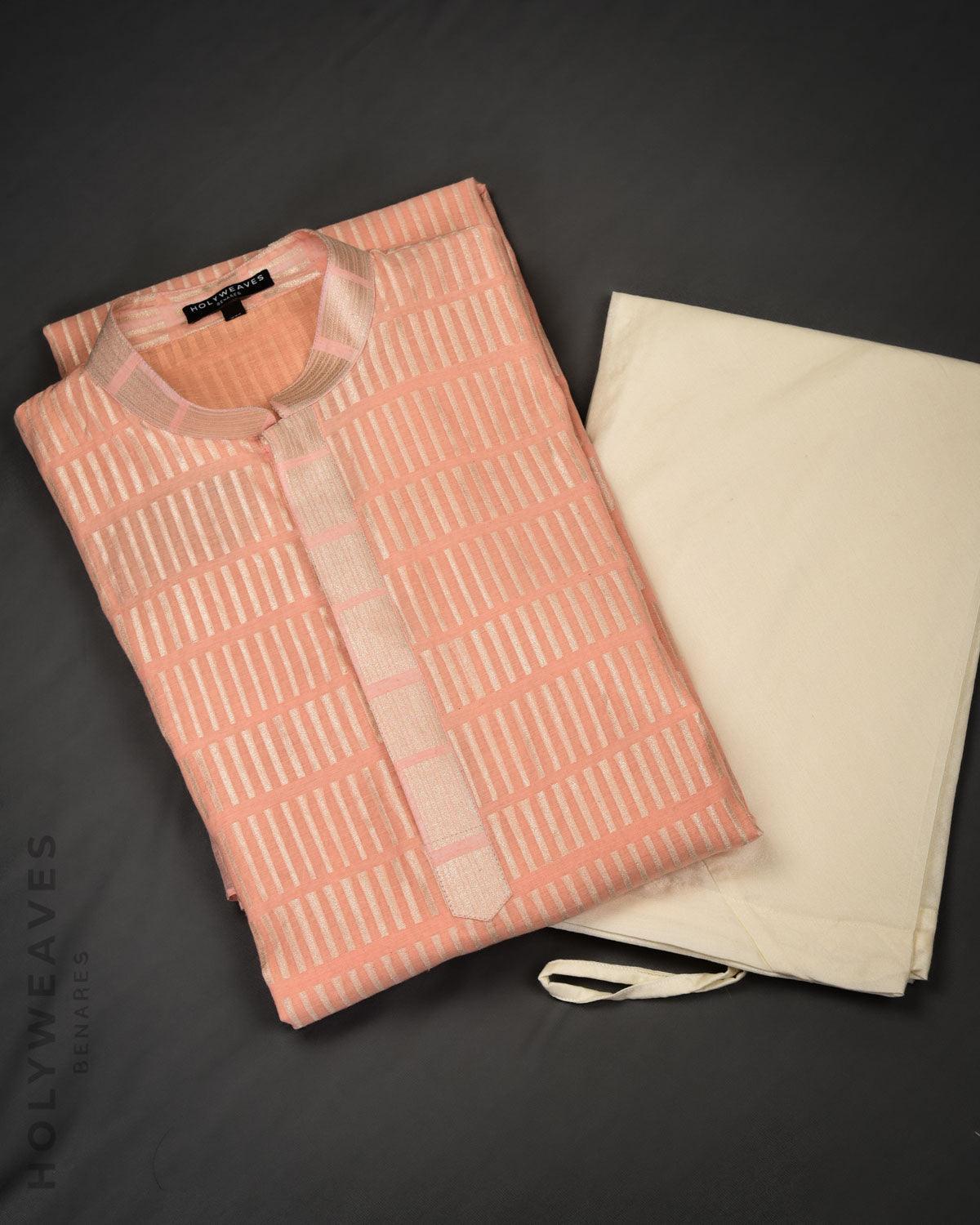 Peach Banarasi Gold Zari Piano Stripes Brocade Handwoven Cotton Silk Mens Kurta Pyjama - By HolyWeaves, Benares