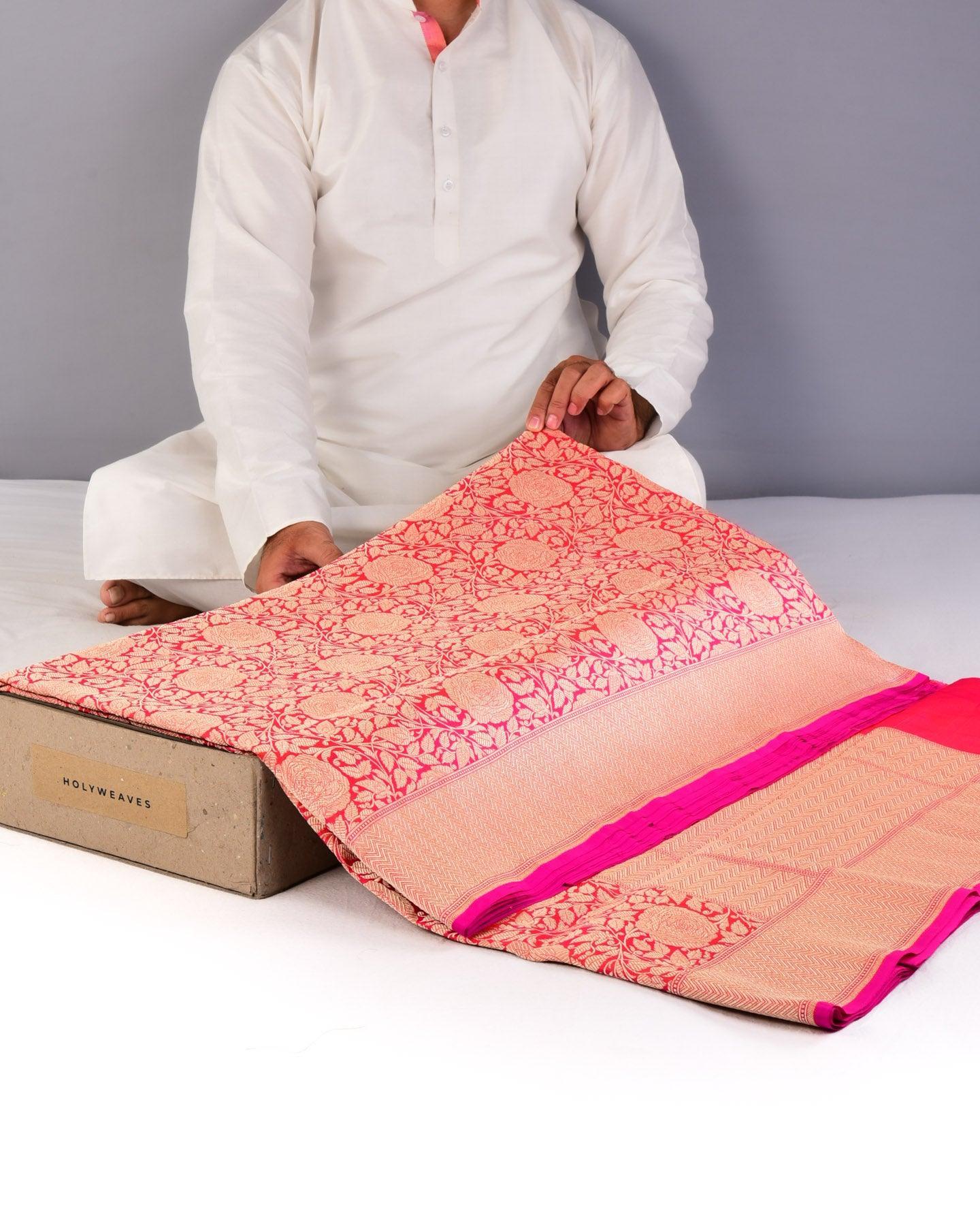 Peach Banarasi Gulab Jaal Brocade Handwoven Katan Silk Saree with Contrast Pink Blouse - By HolyWeaves, Benares