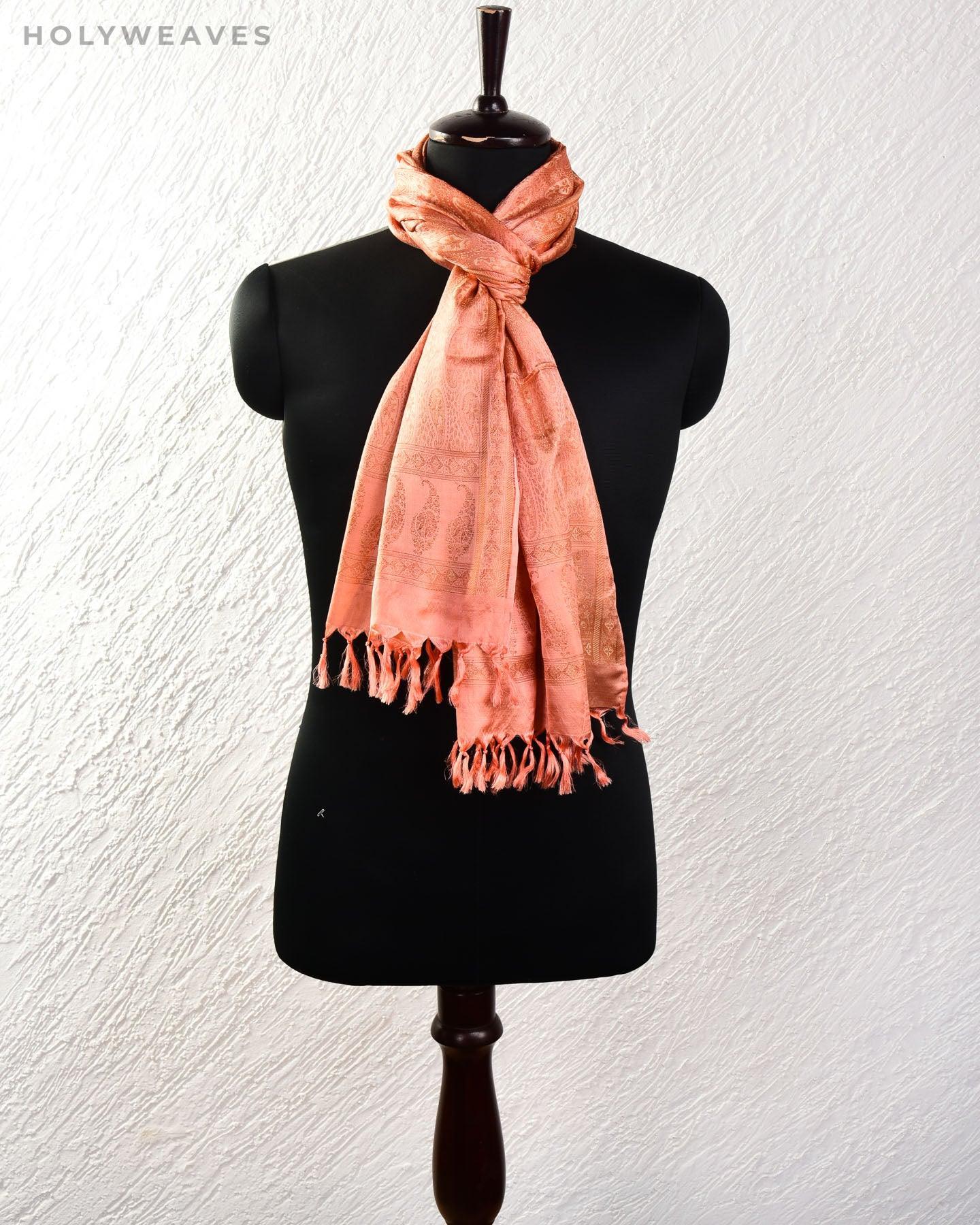 Peach Banarasi Jamawar Handwoven Silk Scarf 72"x21" - By HolyWeaves, Benares