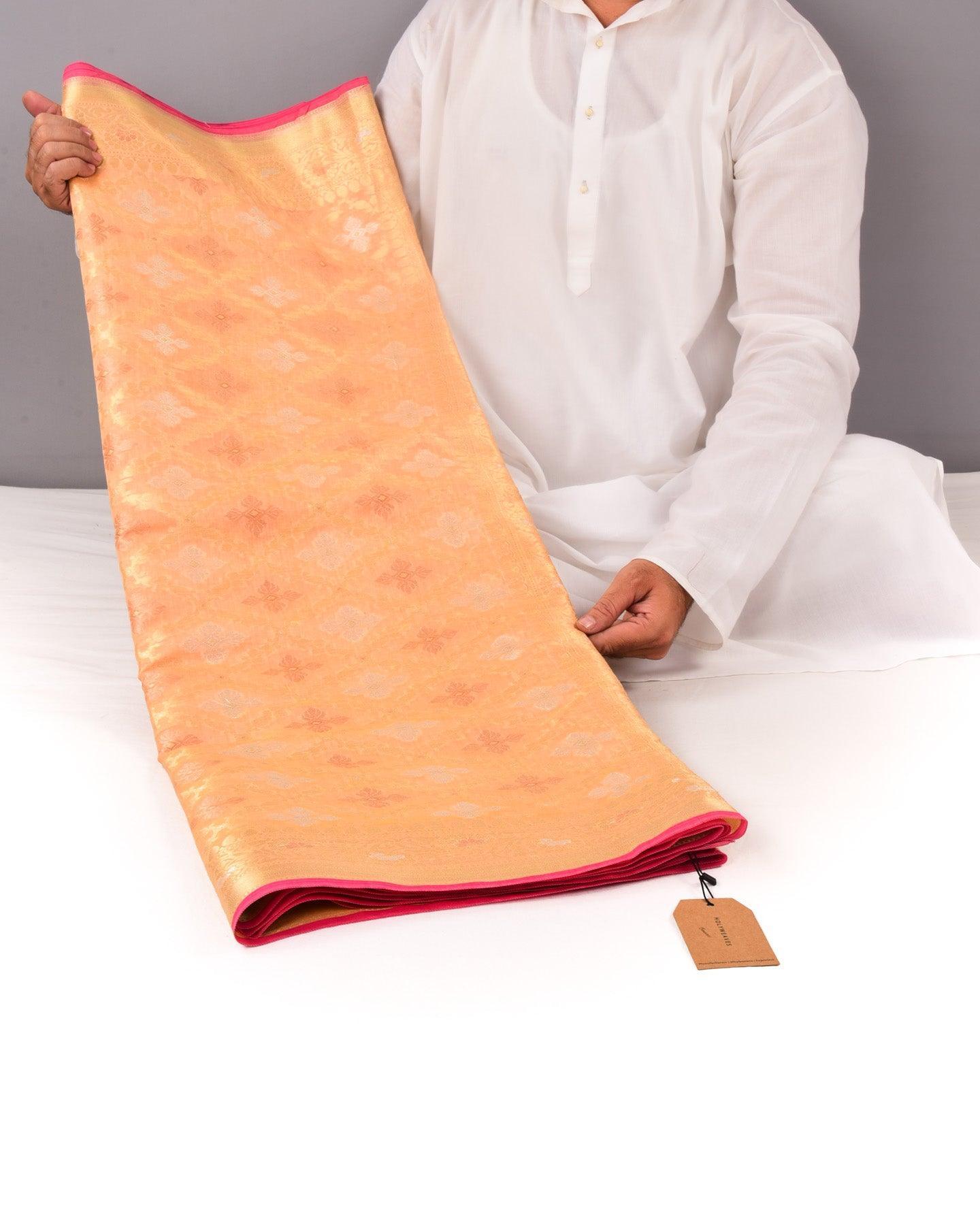 Peach Banarasi Jangla Alfi Cutwork Brocade Woven Cotton Silk Saree - By HolyWeaves, Benares