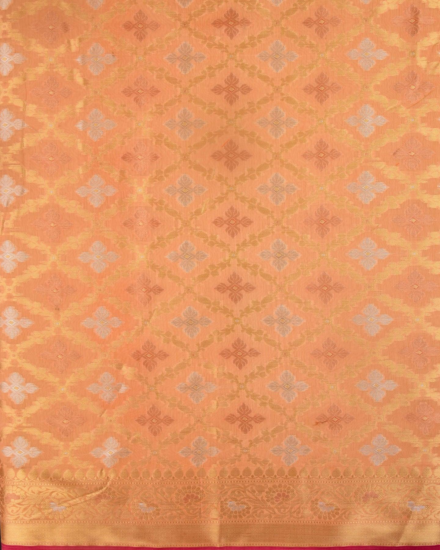 Peach Banarasi Jangla Alfi Cutwork Brocade Woven Cotton Silk Saree - By HolyWeaves, Benares