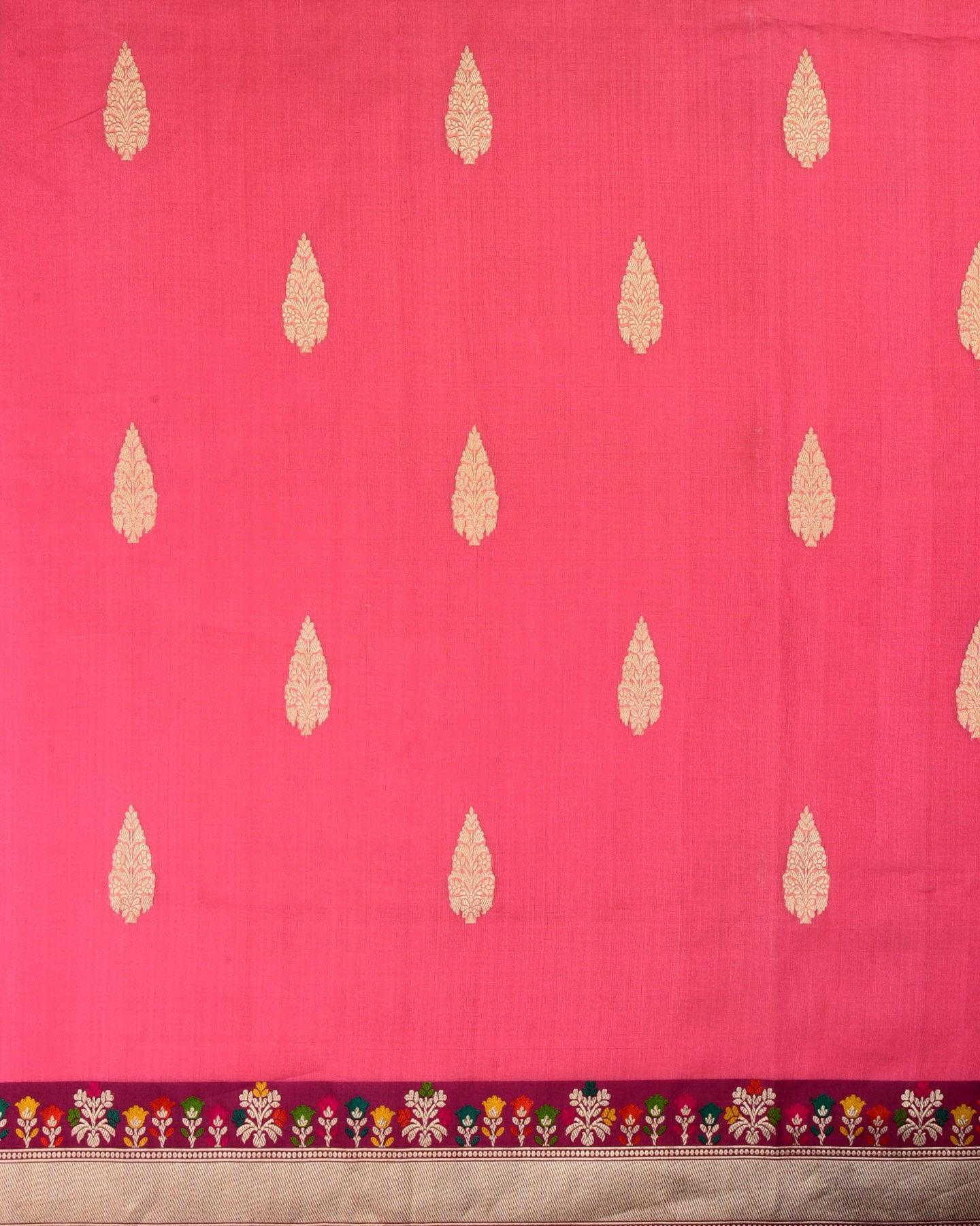 Peach Banarasi Kadhuan Brocade Handwoven Kora Silk Saree with Meenedar Bel Border - By HolyWeaves, Benares