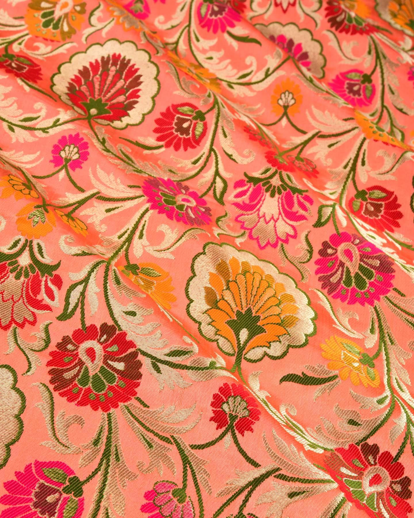 Peach Banarasi Kimkhwab Brocade Handwoven Viscose Silk Fabric - By HolyWeaves, Benares