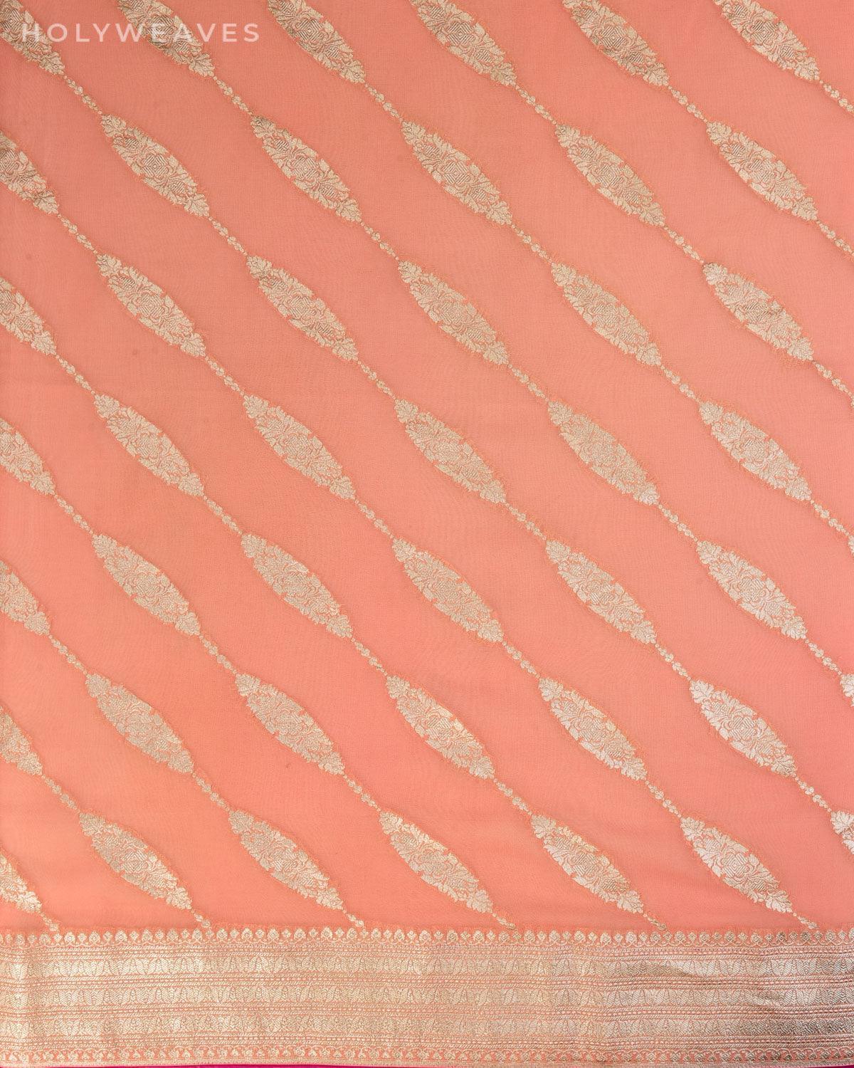 Peach Banarasi Leheriya Cutwork Brocade Handwoven Khaddi Georgette Saree with Fuchsia Pink Lining - By HolyWeaves, Benares