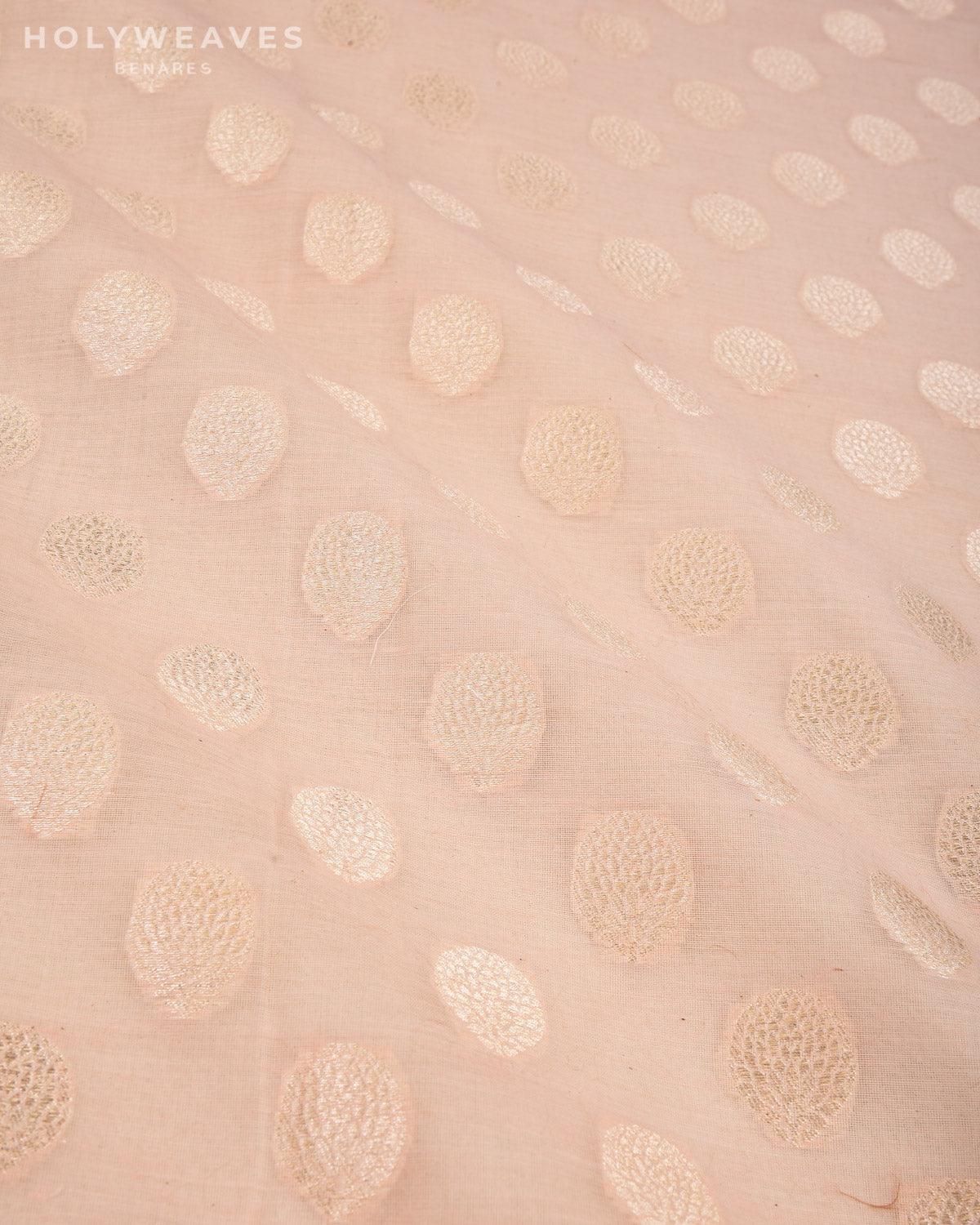 Peach Banarasi Light Gold Zari Buti Cutwork Brocade Handwoven Cotton Silk Fabric - By HolyWeaves, Benares