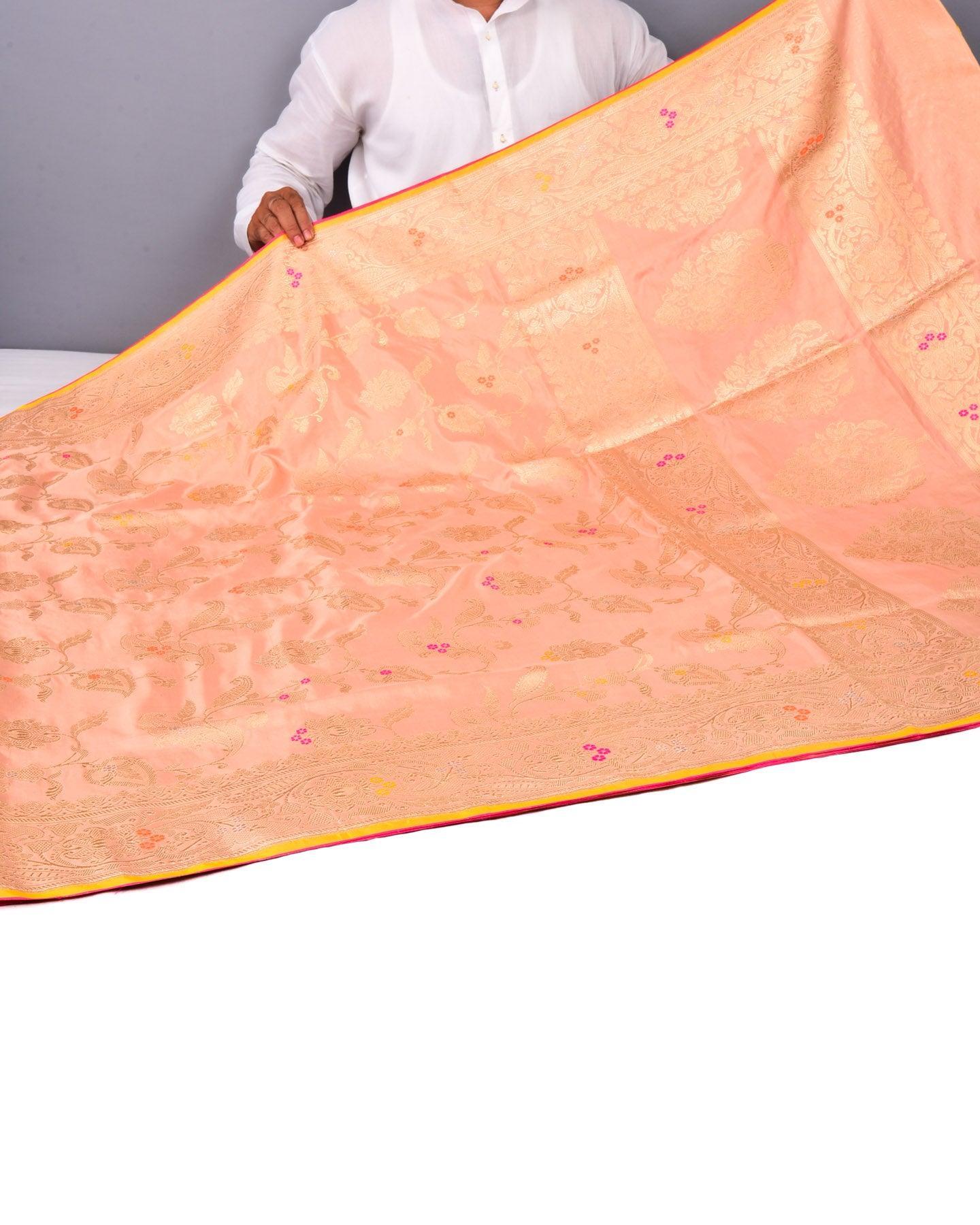 Peach Banarasi Meena Jaal All-over Kadhuan Brocade Handwoven Katan Silk Saree with Contrast Blouse Piece - By HolyWeaves, Benares