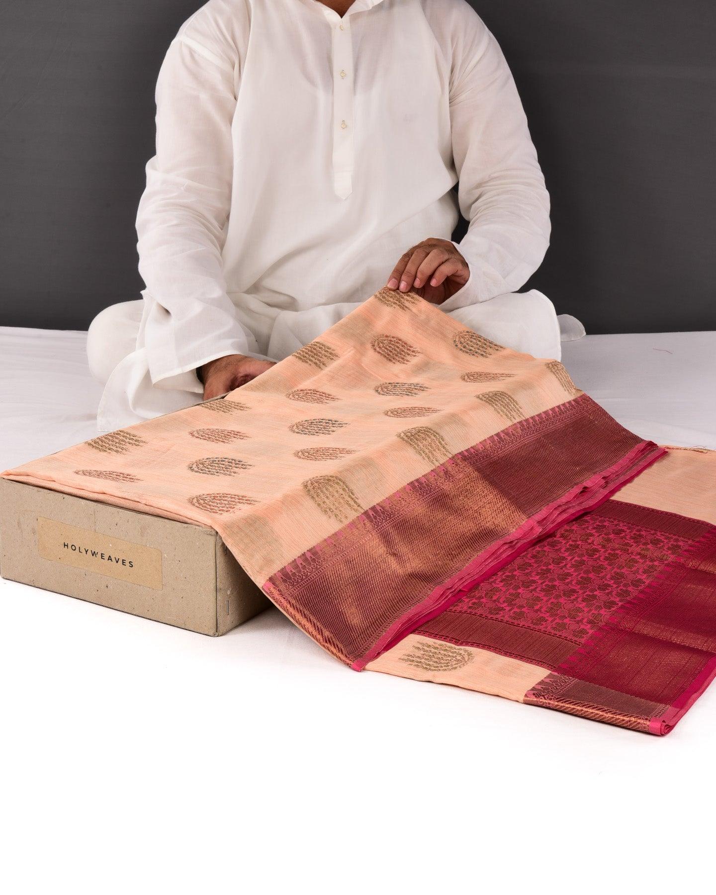 Peach Banarasi Meena-Zari Buta Cutwork Brocade Woven Art Cotton Silk Saree with Contrast Border - By HolyWeaves, Benares