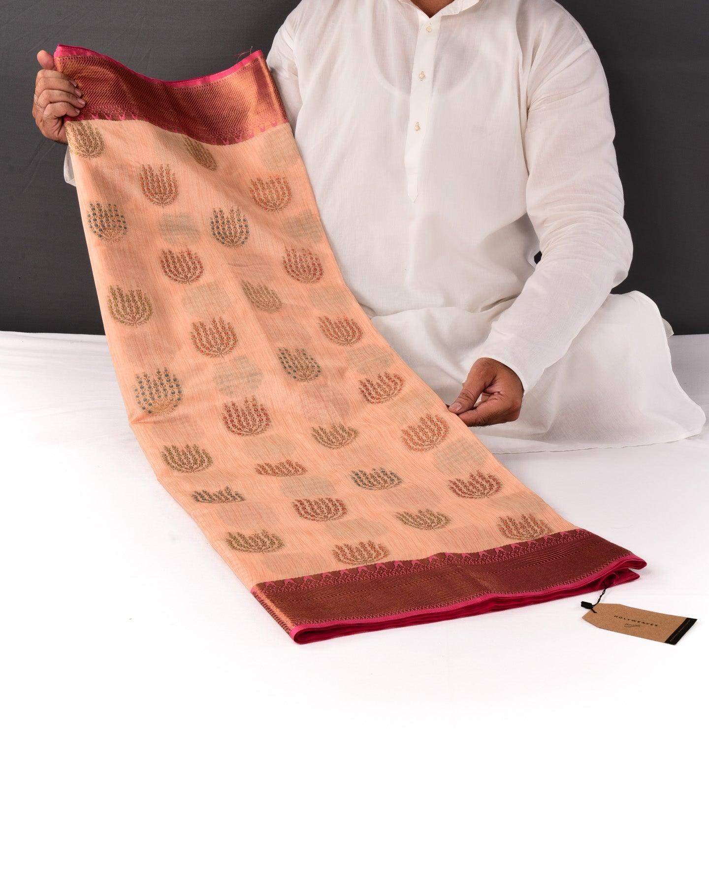 Peach Banarasi Meena-Zari Buta Cutwork Brocade Woven Art Cotton Silk Saree with Contrast Border - By HolyWeaves, Benares