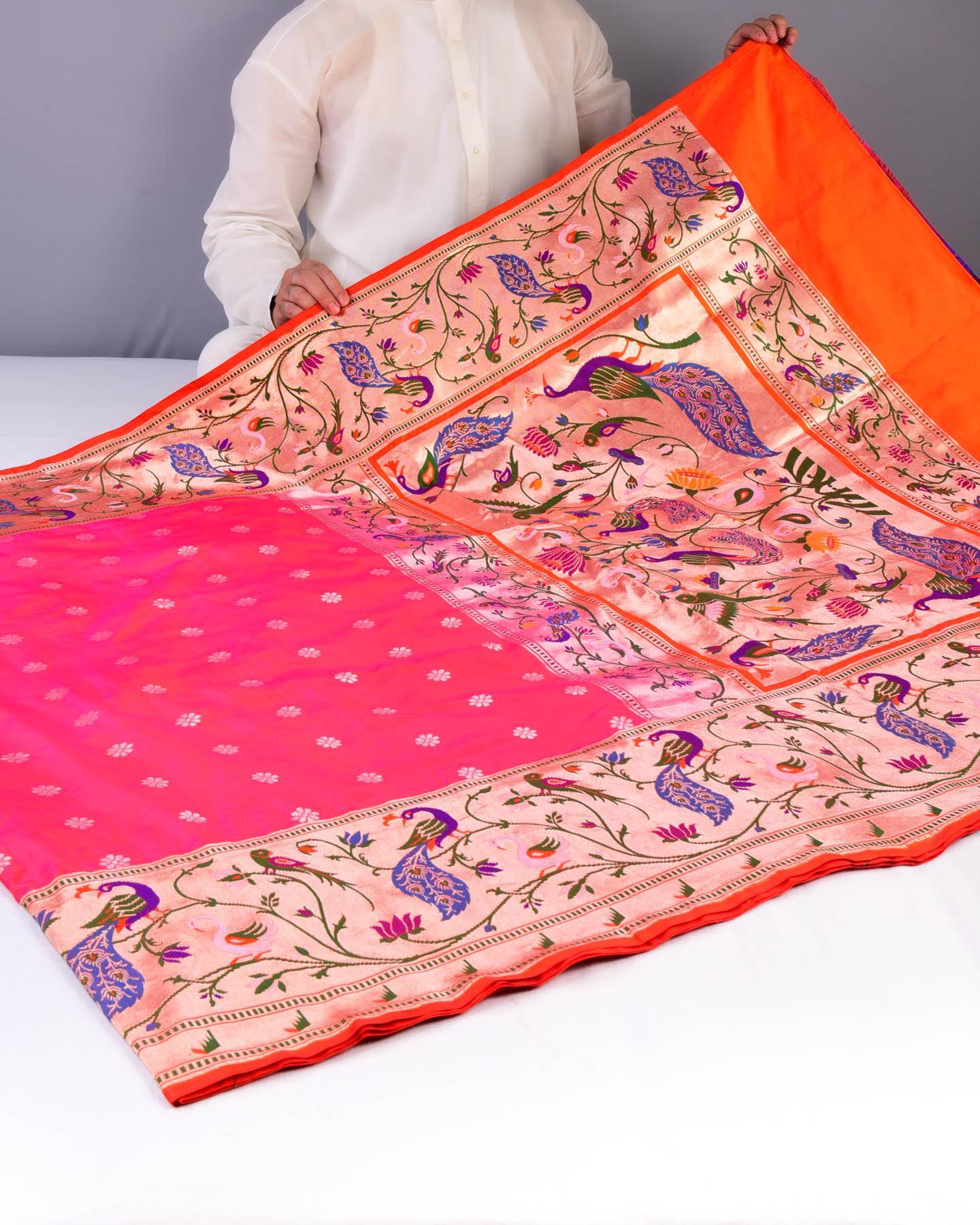 Peach Banarasi Paudi Chauhari Paithani Handwoven Katan Silk Saree - By HolyWeaves, Benares
