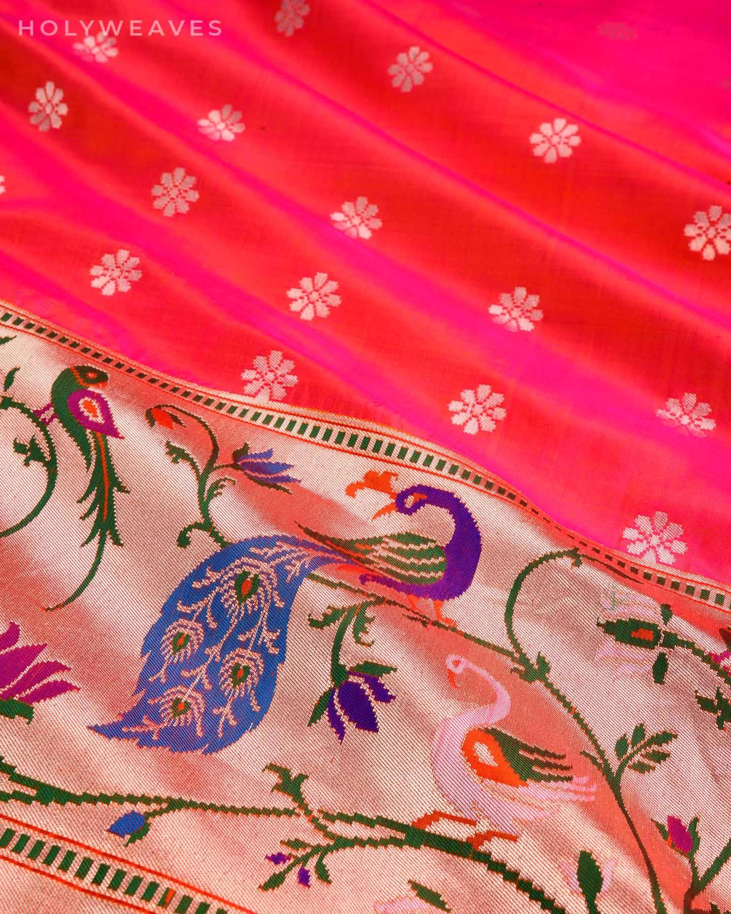 Peach Banarasi Paudi Chauhari Paithani Handwoven Katan Silk Saree - By HolyWeaves, Benares