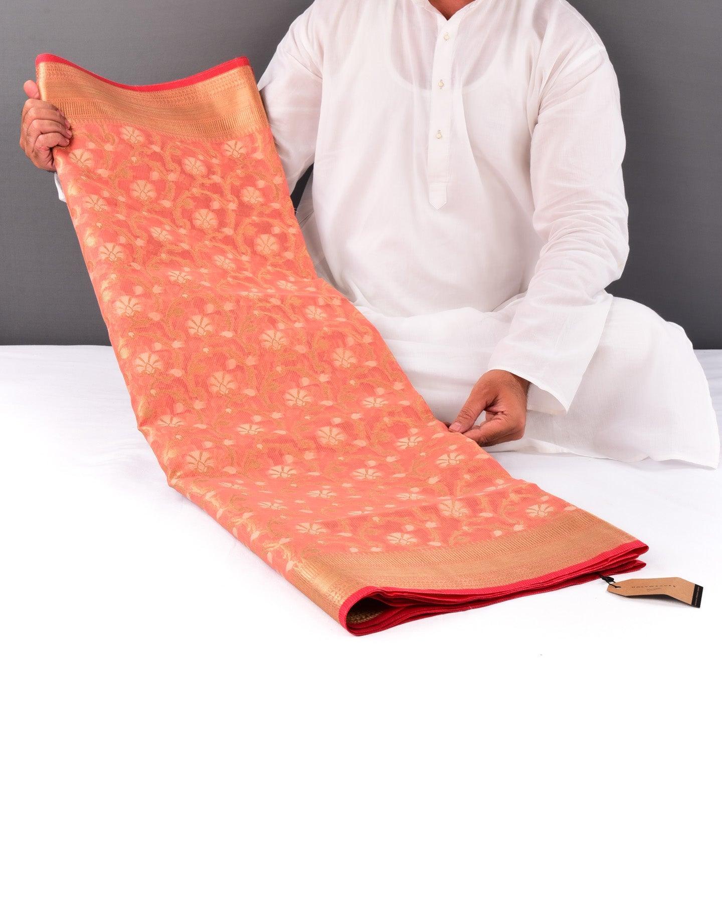 Peach Banarasi Resham and Zari Jaal Strip Textured Cutwork Brocade Woven Blended Cotton Silk Saree - By HolyWeaves, Benares