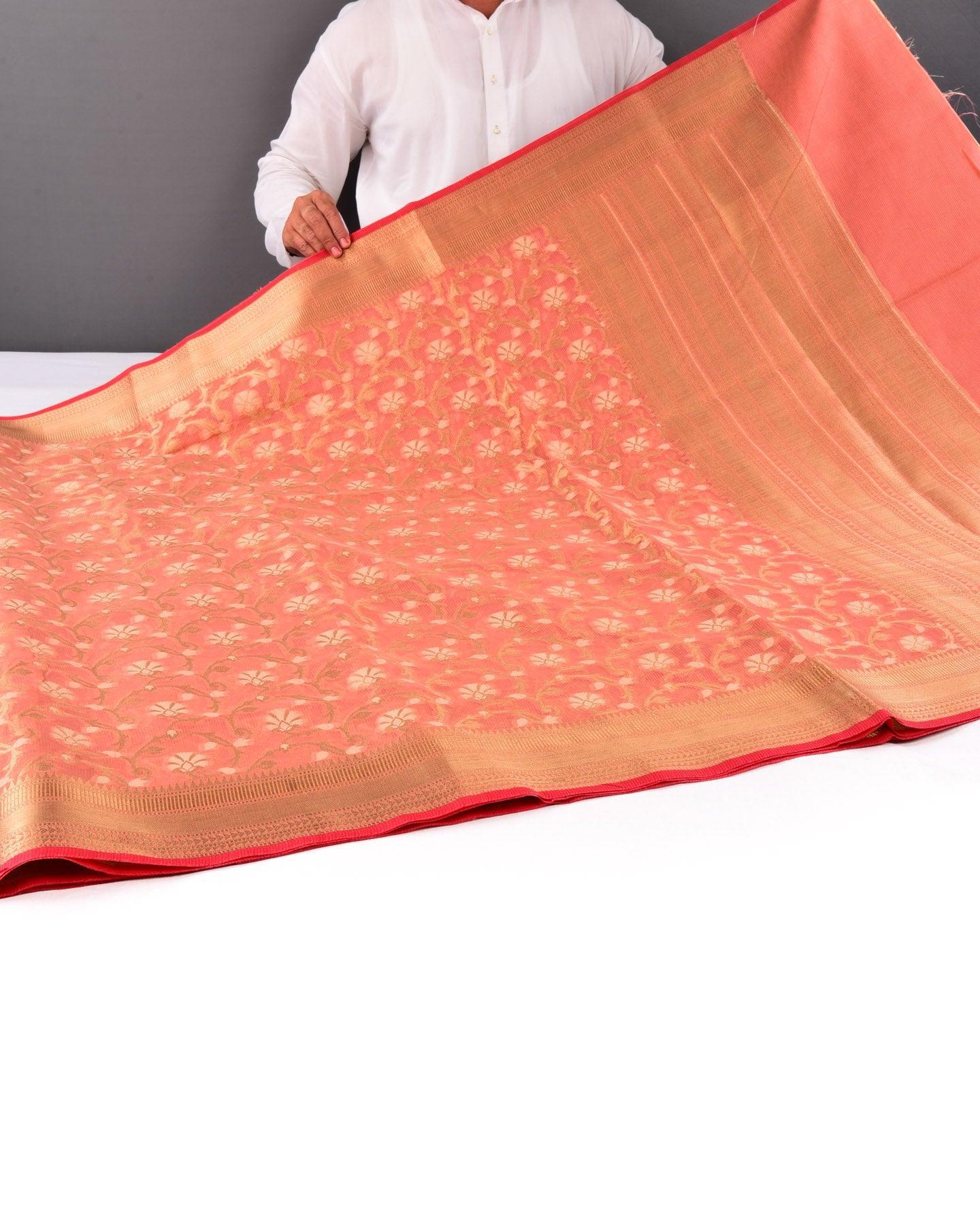 Peach Banarasi Resham and Zari Jaal Strip Textured Cutwork Brocade Woven Blended Cotton Silk Saree - By HolyWeaves, Benares