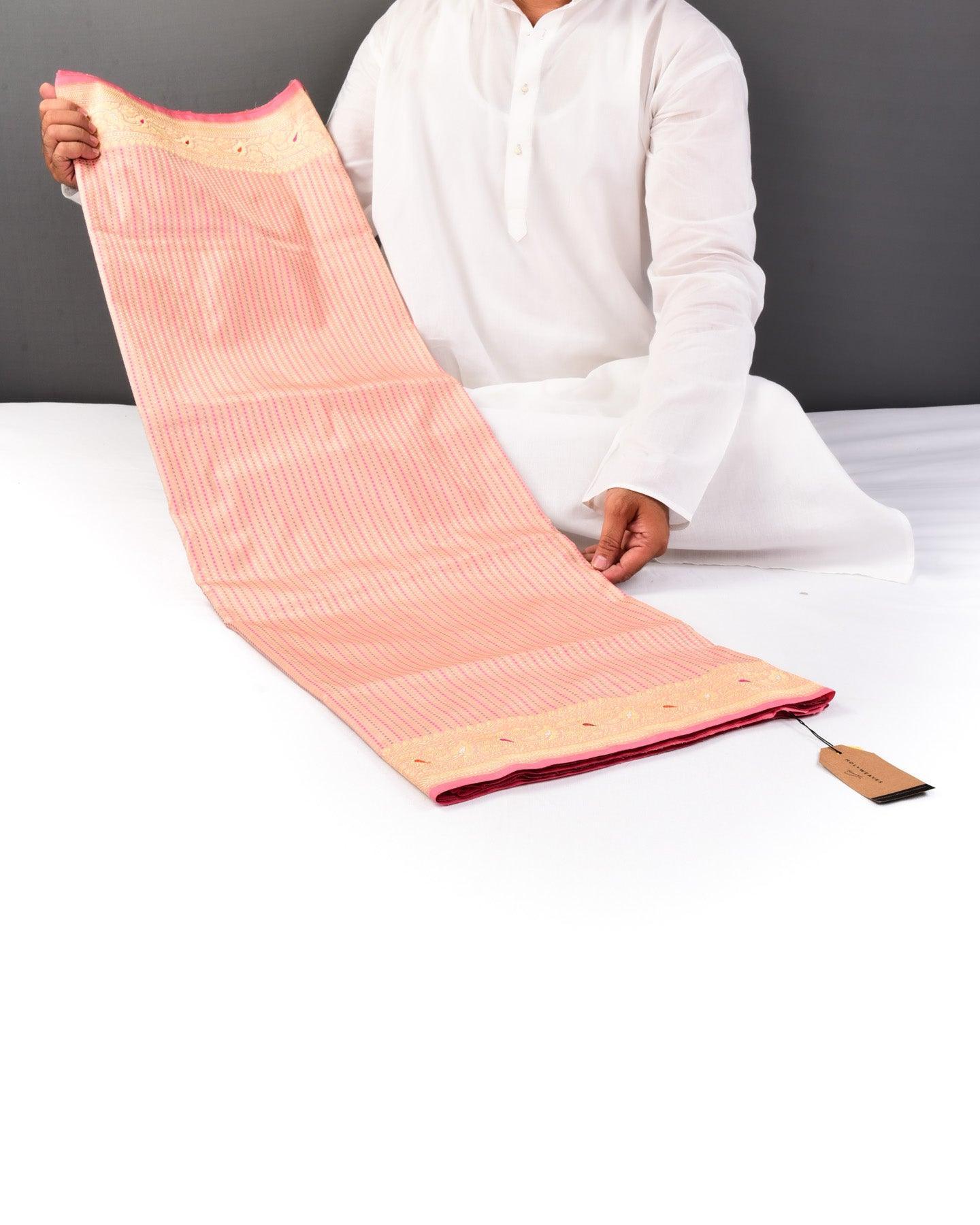 Peach Banarasi Resham Dotted Stripe Kadhuan Brocade Handwoven Katan Silk Saree with Meenekari Border - By HolyWeaves, Benares