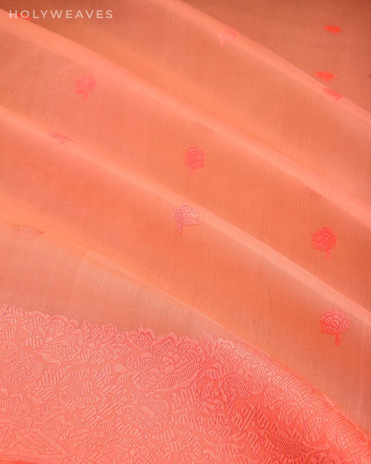 Peach Banarasi Resham Gulab Buti Kadhuan Brocade Handwoven Kora Silk Saree - By HolyWeaves, Benares