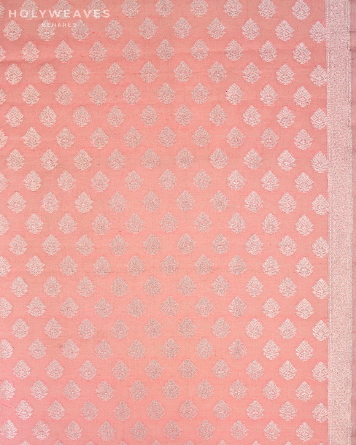 Peach Banarasi Silver Zari Buti Cutwork Brocade Handwoven Cotton Silk Fabric - By HolyWeaves, Benares