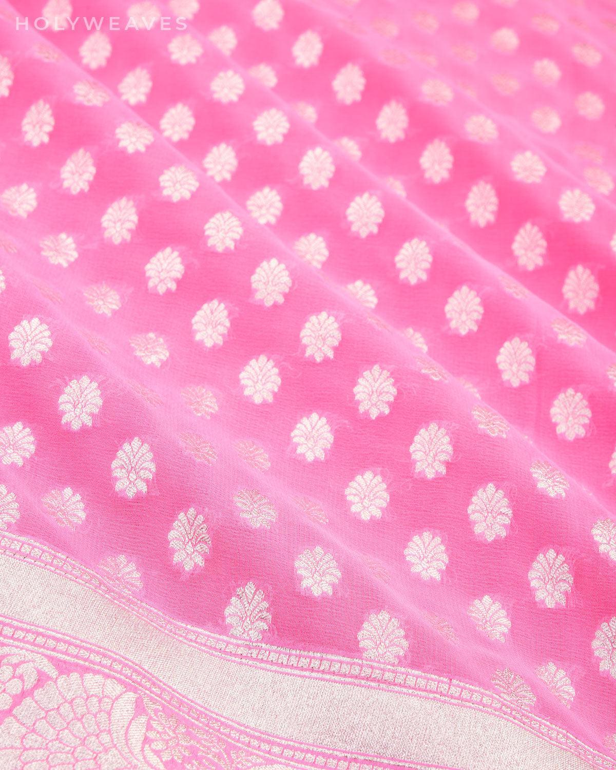 Peach Banarasi Silver Zari Buti Cutwork Brocade Handwoven Khaddi Georgette Saree with Gray Lining - By HolyWeaves, Benares